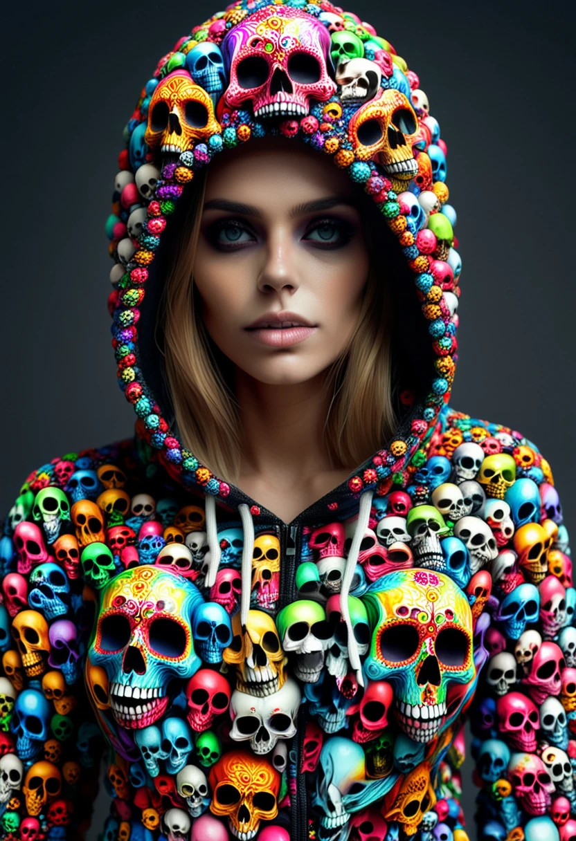 woman wearing clothes made of colorful skulls, ,Masterpiece,best quality, photo, realistic, very aesthetic