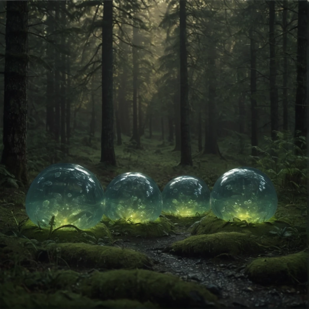 slimes (creature), Translucent, moody forest, A group of four slimes crawling in a forest, (UHD, 8K, ultra detailed,
highly detailed, best quality, best aesthetic, high detail, amazing detail, masterful, work of a master),