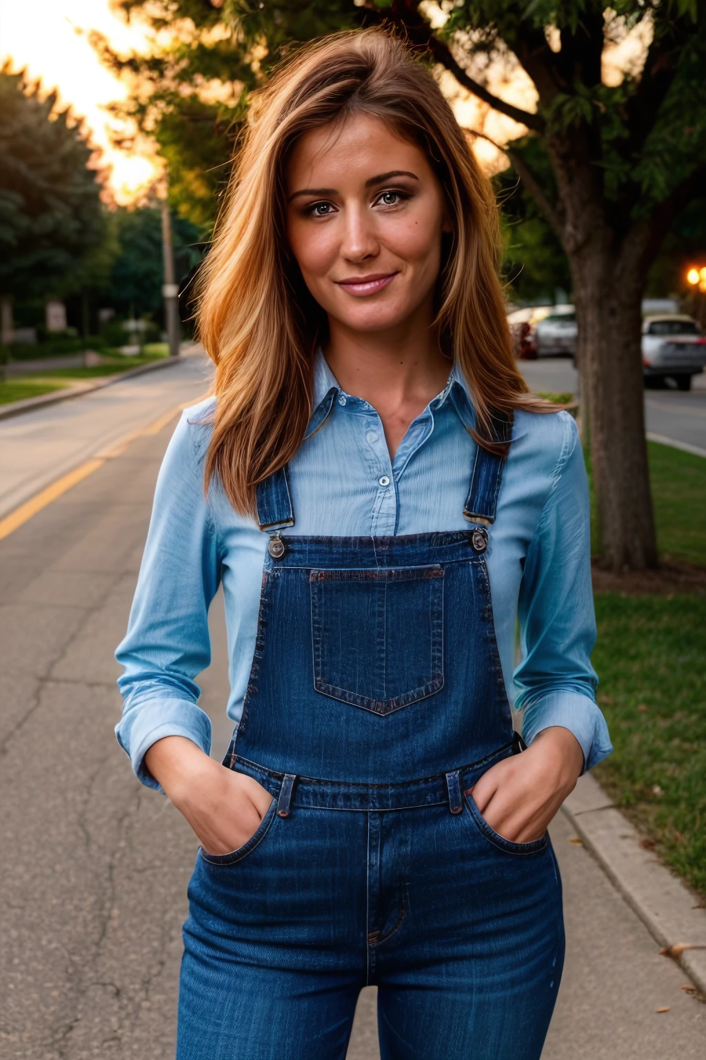 sheenashaw, cinematic still,long sleeves, denim overalls, collared shirt, bow tie, (((vibrant colors))), sunset, glare, haze, lens flare, sidewalk, lawn, trees, flowers (looking at viewer), <skinhairdetail> , <likenesshelpbyshurik3>:0.7, (film grain):1.7, traditional media