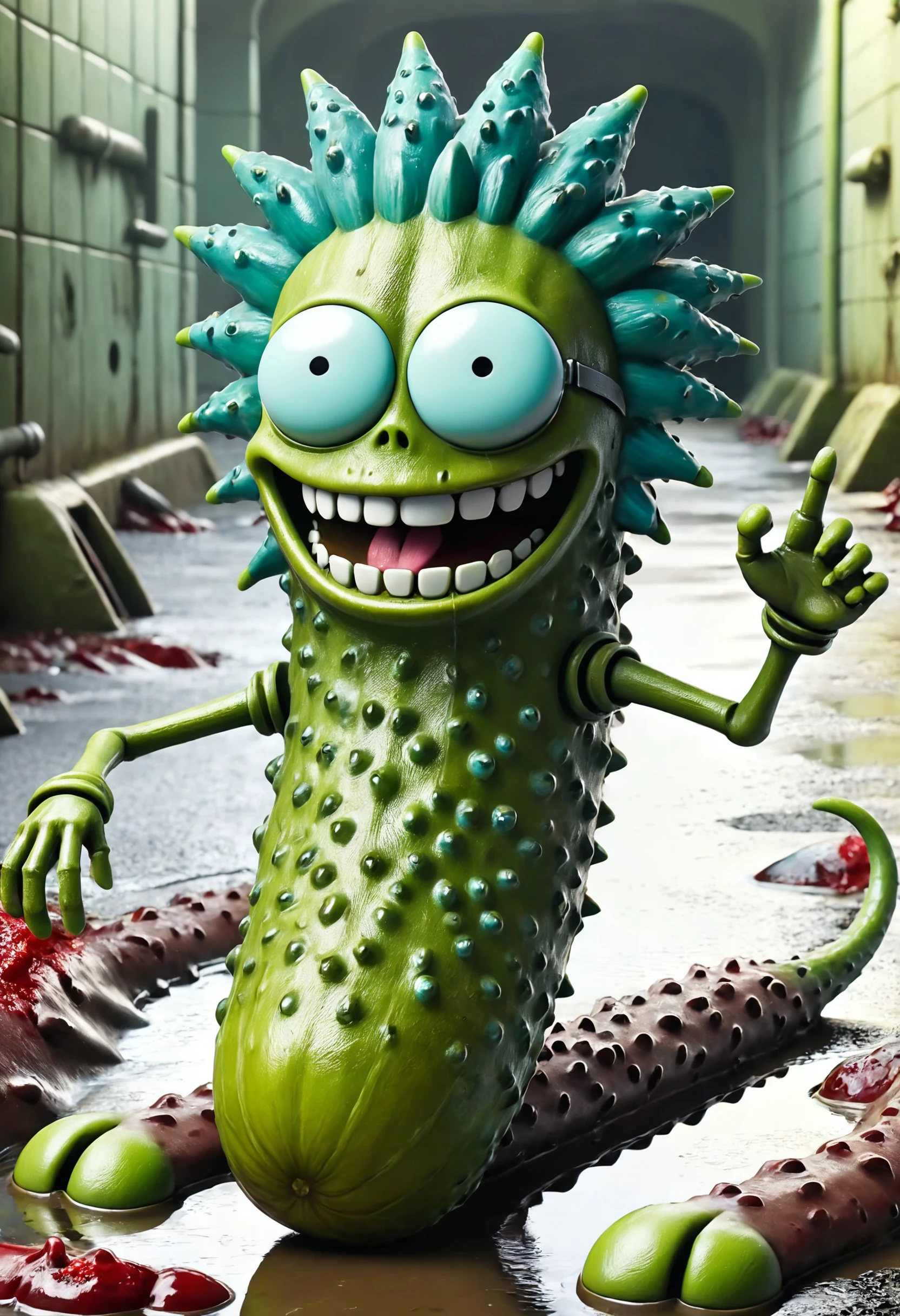 Rick Sanchez as a (pickle:0.0) with (mechanical skeleton arms and feet:0.8), short blue spikey hair, large smile, cartoon teeth and eyes, metallic pauldron, (rat:0.5) legs, style of Justin Roiland, sewer background, dead rats lie on the ground in a puddle of blood <lora:dvr-pckl:0.8> dvr-pckl