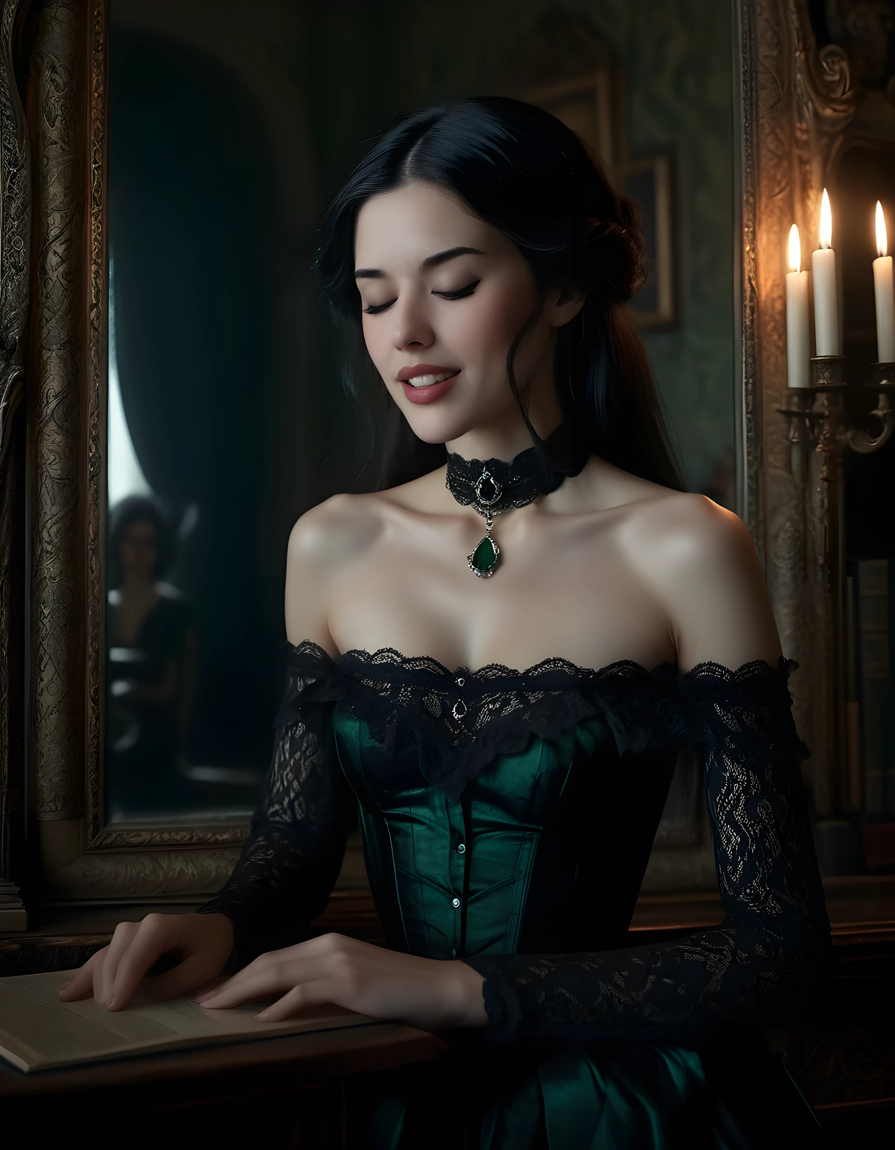 In a dimly lit, Victorian-era study adorned with antique books and a roaring fireplace, the subject 53R3N483LL3, a woman of captivating beauty with cascading raven-black hair and striking, closed eyes, stands before an ornate, intricately carved mirror. Clad in a unique ensemble that seamlessly blends Victorian fashion with a touch of the occult _ a high-necked lace blouse revealing her bare shoulders, a blood-red choker adorned with a single, glowing emerald stone, and a billowing, black velvet skirt _ she flashes a wicked smile, her pearly white teeth gleaming like moonlight against the darkness. Her eyes remain closed, as if in deep thought or meditation, while her gaze locks onto the viewer's soul from within the mirror's reflection. The camera angle is low and slightly off-center, creating an intimate and mysterious atmosphere, with a soft focus that highlights the woman's ethereal beauty while casting the background details into shadows. A single beam of light filters in through the study window, illuminating her face and adding to the enigmatic allure of this hauntingly beautiful portrait.