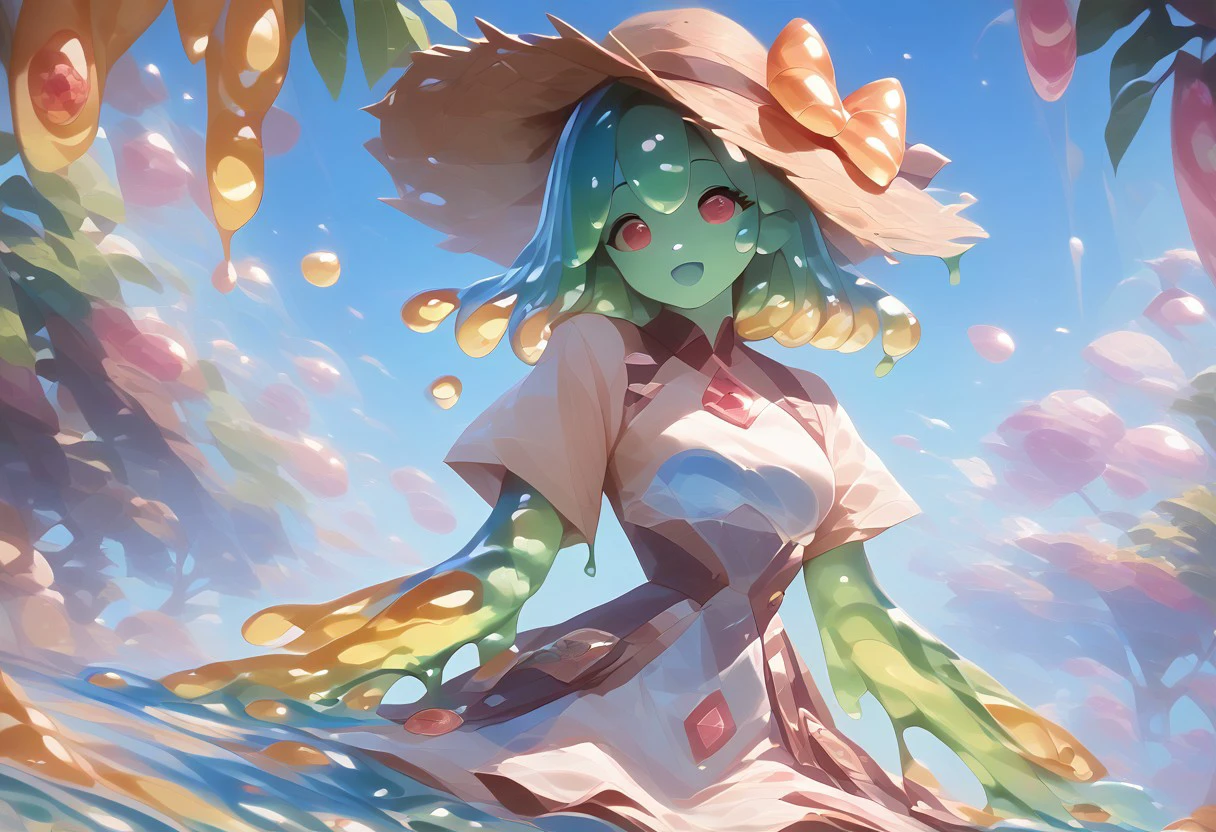 score_9, score_8_up, score_9_up, score_7_up, high quality, masterpiece, highly detailed, solo, (((colorful slime women))), medium breasts, exotic dress, Slime core, cute pose, happy expression, fruit trees, straw hat, viewed from a distance, colorful fruit