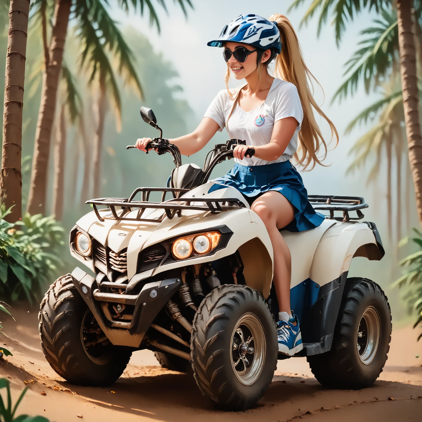 score_9, score_8_up, score_7_up, riqua (side view) , (slim 25yo female) riding a quad. blue short skirt and white blouse, sneakers , long blonde ponytail  <lora:RideQuadPony:1>