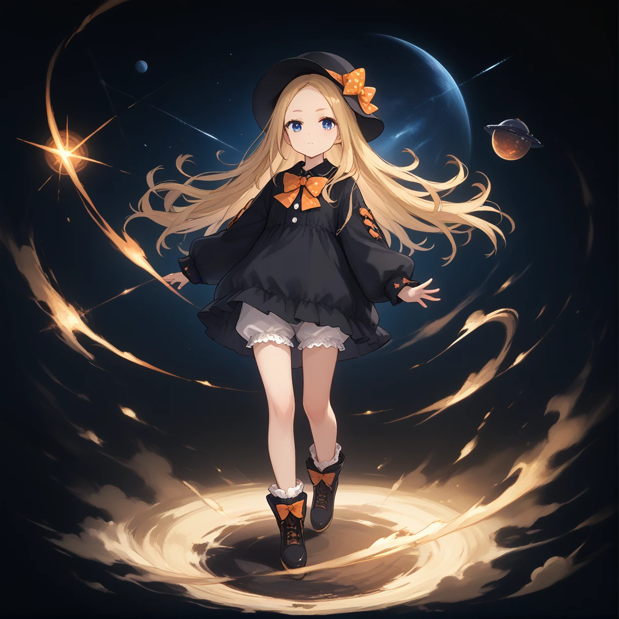 score_9, score_8_up, score_7_up,
tagatame,black background, 
solo,full body, 
1girl, blonde hair, long hair, blue eyes, forehead, sidelocks, parted bangs, hair bow, polka dot bow, orange bow, black dress, long sleeves, sleeves past wrists, sleeves past fingers, bloomers, hat,space, 
 <lora:tagatame-000014:0.7>