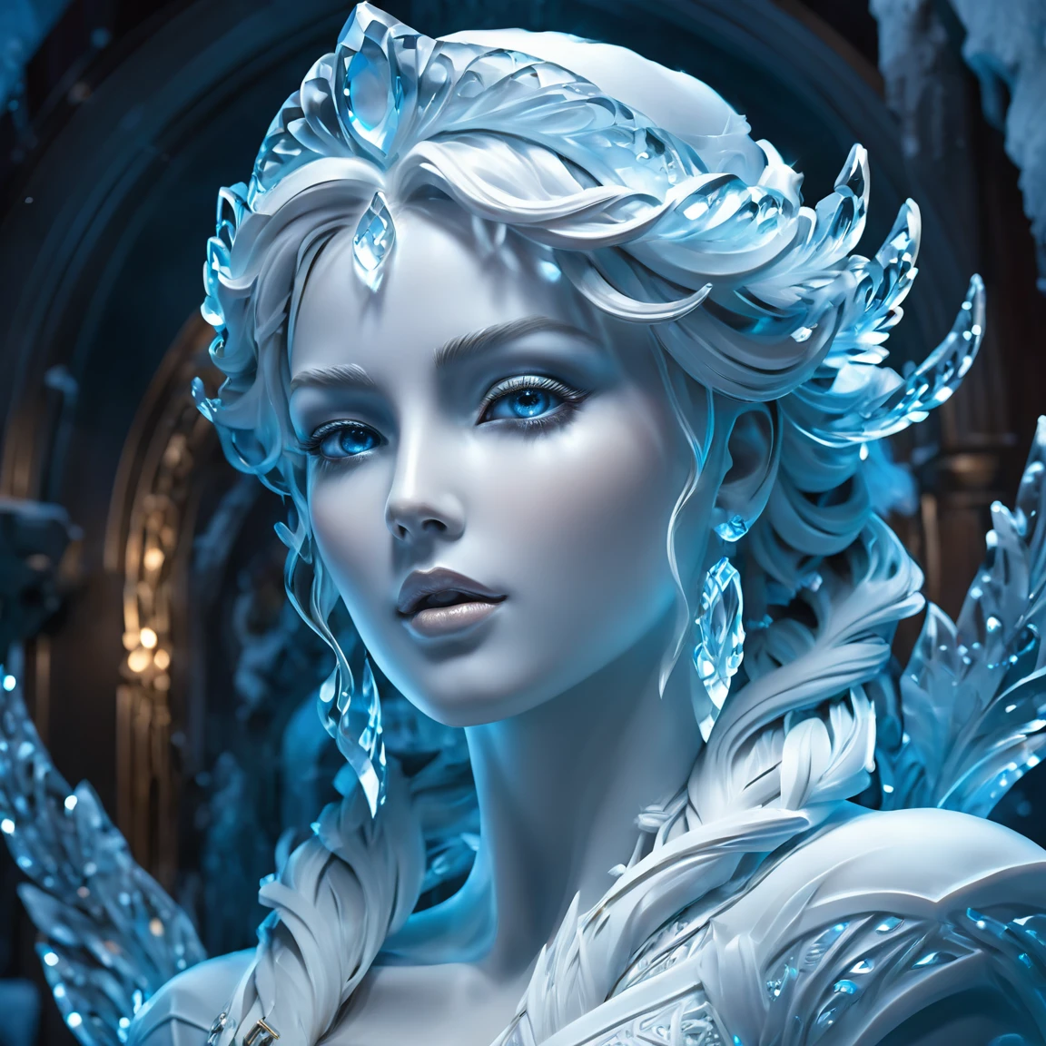 ice_art, a sculpture of a woman,open eyes<lora:ice_art:1>, alluring portrait, intricate, highly detailed, digital painting, artstation, concept art, , sharp focus, cinematic lighting, illustration, art by artgerm and greg rutkowski, alphonse mucha, cgsociety