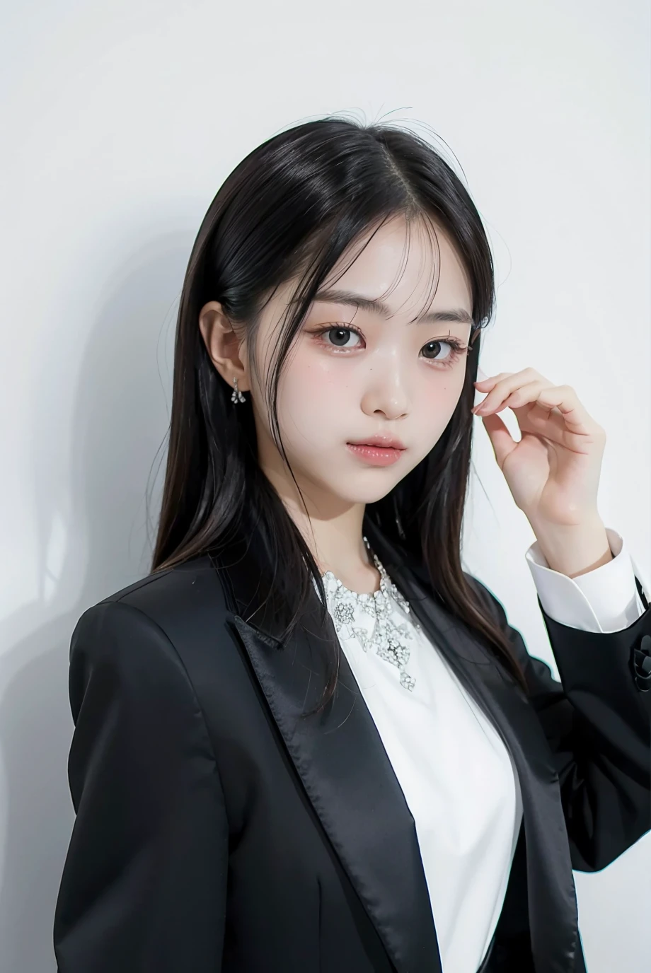 1girl, black  random formal attire, white background,    <lora:Itzy_ryujin-04:1>