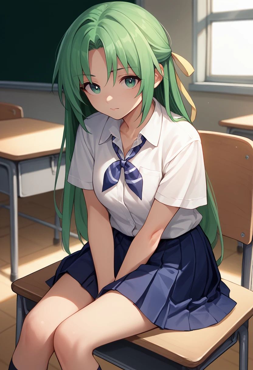 score_9, score_7_up, 1girl, solo, shi, green hair, long hair, green eyes, hair ribbon, white shirt, blue neckerchief, pleated skirt, short sleeves, sitting, classroom, <lora:Shion renew -000008:1>