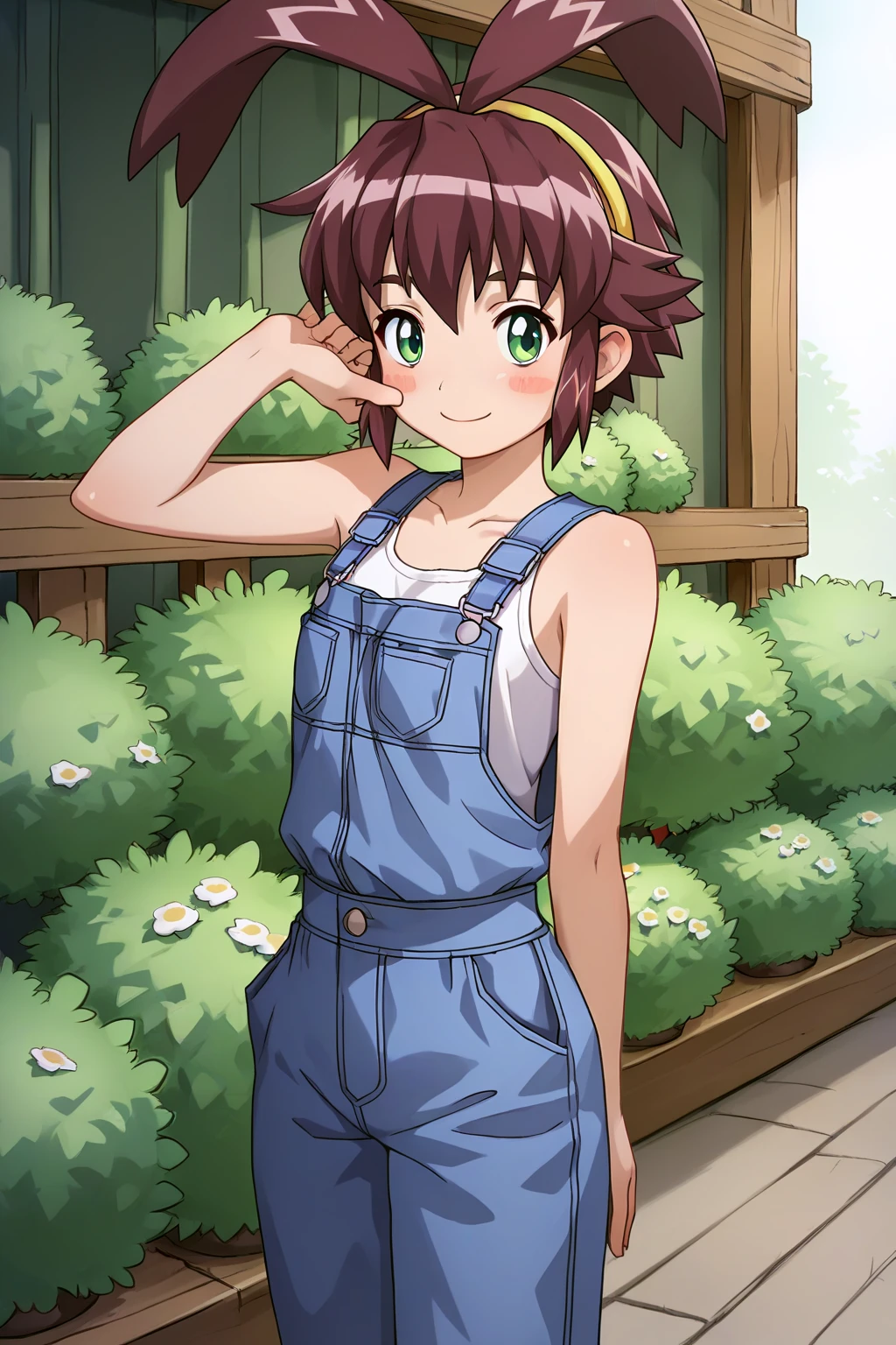 score_9, score_8_up, score_7_up, score_6_up, score_5_up, score_4_up, source_anime, rating_safe, 1girl, uma, overalls, outside, garden, smile, blush