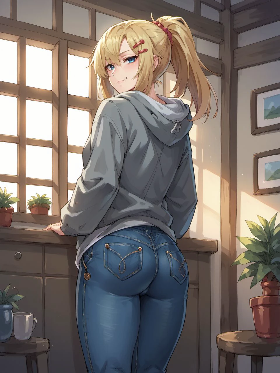 score_9, score_8_up, score_7_up, score_6_up, mikoyanstyle,
1girl, solo, long hair, looking at viewer, smile, hair ornament, long sleeves, closed mouth, blue eyes, standing, ponytail, ass, hairclip, looking back, indoors, hood, from behind, blonde hair, hoodie, hood down, smug, grey hoodie, jeans, 
<lora:mikoyan_style_v1:0.8>,