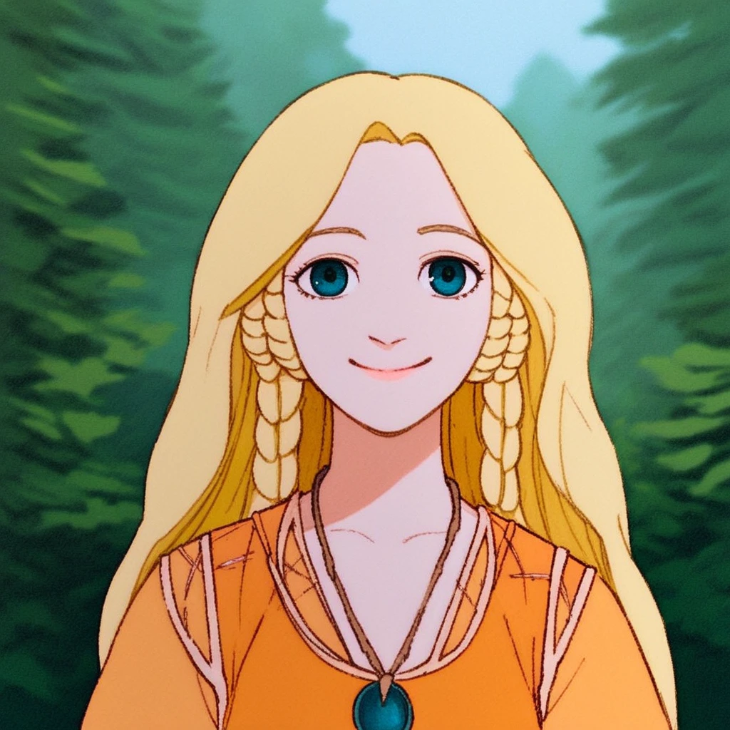 score 9, score 8, score 7, 1girl, solo, pmel, blonde hair, long hair, braids, upper body, orange dress, looking at viewer, smile, necklace, exterior, forest,