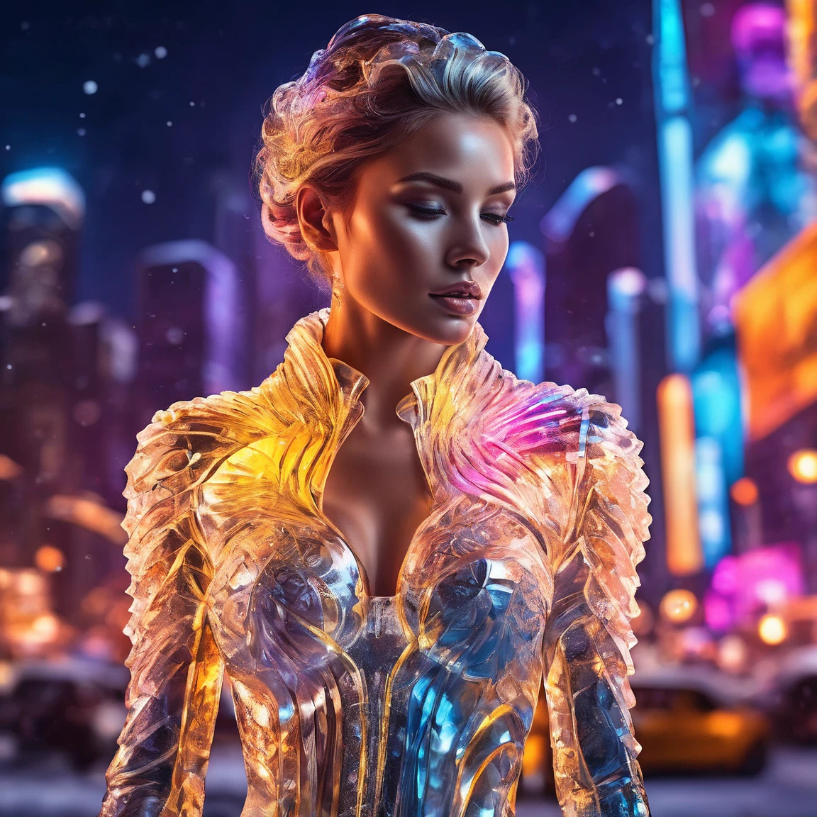 ice_art,<lora:ice_art:1>, photograph of a Fashion model, full body, highly detailed and intricate, golden ratio, vibrant colors, hyper maximalist, futuristic, city background, luxury, elite, cinematic, fashion, depth of field, colorful, glow, trending on artstation, ultra high d