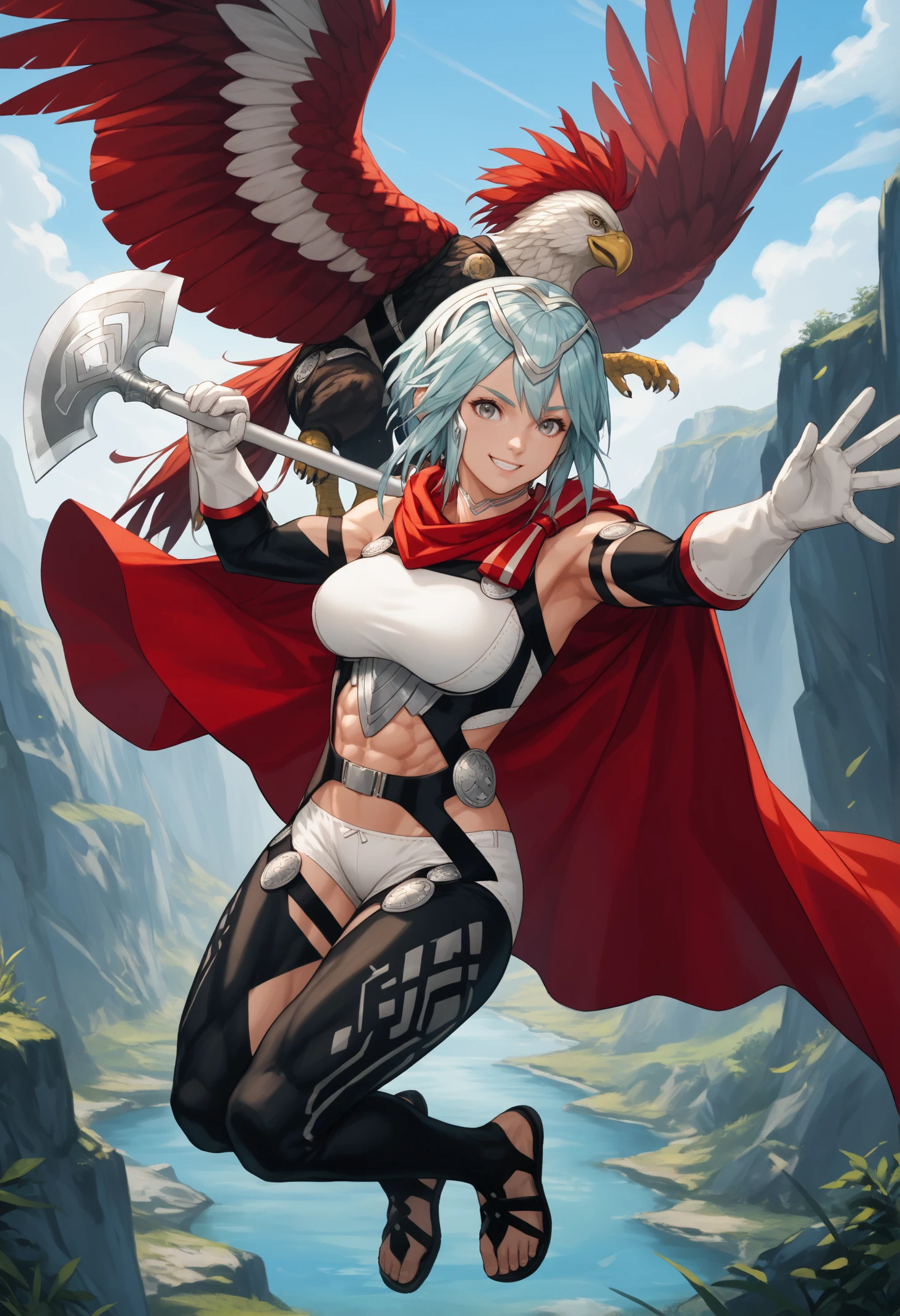 score_9, score_8_up, score_7_up, 1girl, DagrRND, grey eyes, aqua hair, short hair, large breasts, toned,
tiara, DagrO1, silver choker, armor, red cloak, bare shoulders, white top, arm strap, harness, black elbow gloves, midriff, navel, abs, white gloves, belt, white underwear, thigh strap, thigh cutout, black leggings, toeless legwear,
looking at viewer, smile, full body, holding axe, hands up,
outdoors, airborne, jumping, animal, eagle,
<lora:FEDagrPDXL_V1-Manityro-CAME:1.0>,