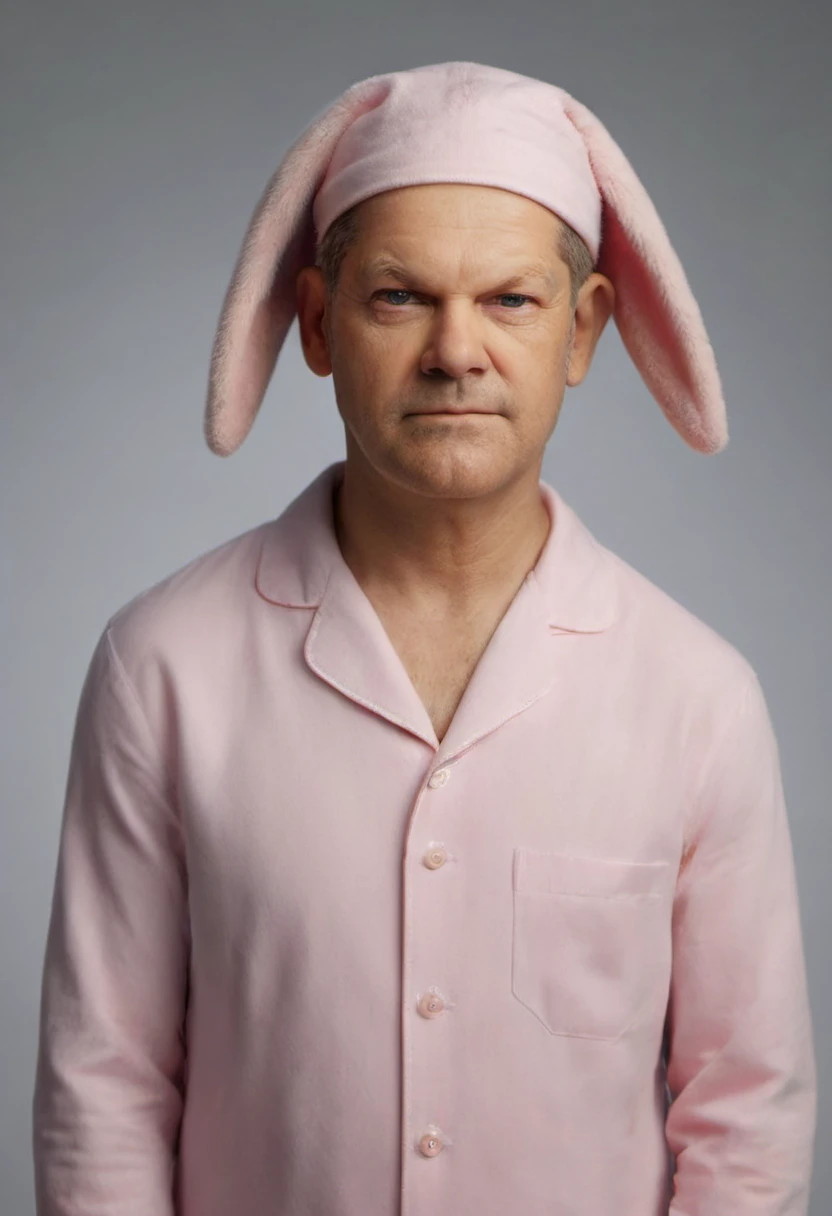 Photorealism masterpiece, high detail,Olaf Scholz politician, serious look, wearing a (((pink bunny pyjama)))  , Photorealism, often for highly detailed representation, photographic accuracy, or visual illusion.