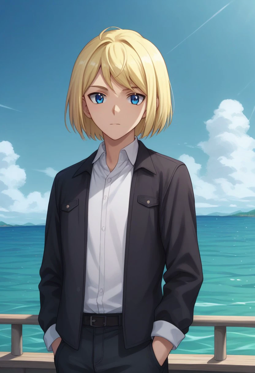 score_9, score_8_up, score_7_up, source_anime, highly detailed, 
shionkiba, blonde hair, solo, blue eyes, sky, cloud, 1boy, day, short hair, looking at viewer, shirt, water, jacket, white shirt, black jacket,
outdoor, sky,