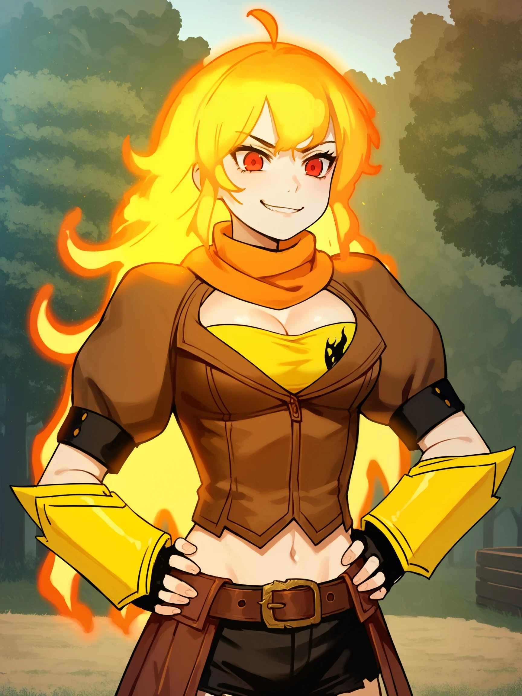 YangXiaoLong, 1girl, blonde hair, long hair, ahoge, purple eyes, Leaning back with hands on the hips, backyard, trees, forest, smirk,

score_9, score_8_up, score_7_up, source_anime, masterpiece,, YangVol1Huntress, brown jacket, cropped jacket, puffy short sleeves, orange scarf, black shorts, brown hip cape, knee boots, cleavage, fingerless gloves, belt, brown boots, orange legwear, Semblance, fiery hair, red eyes