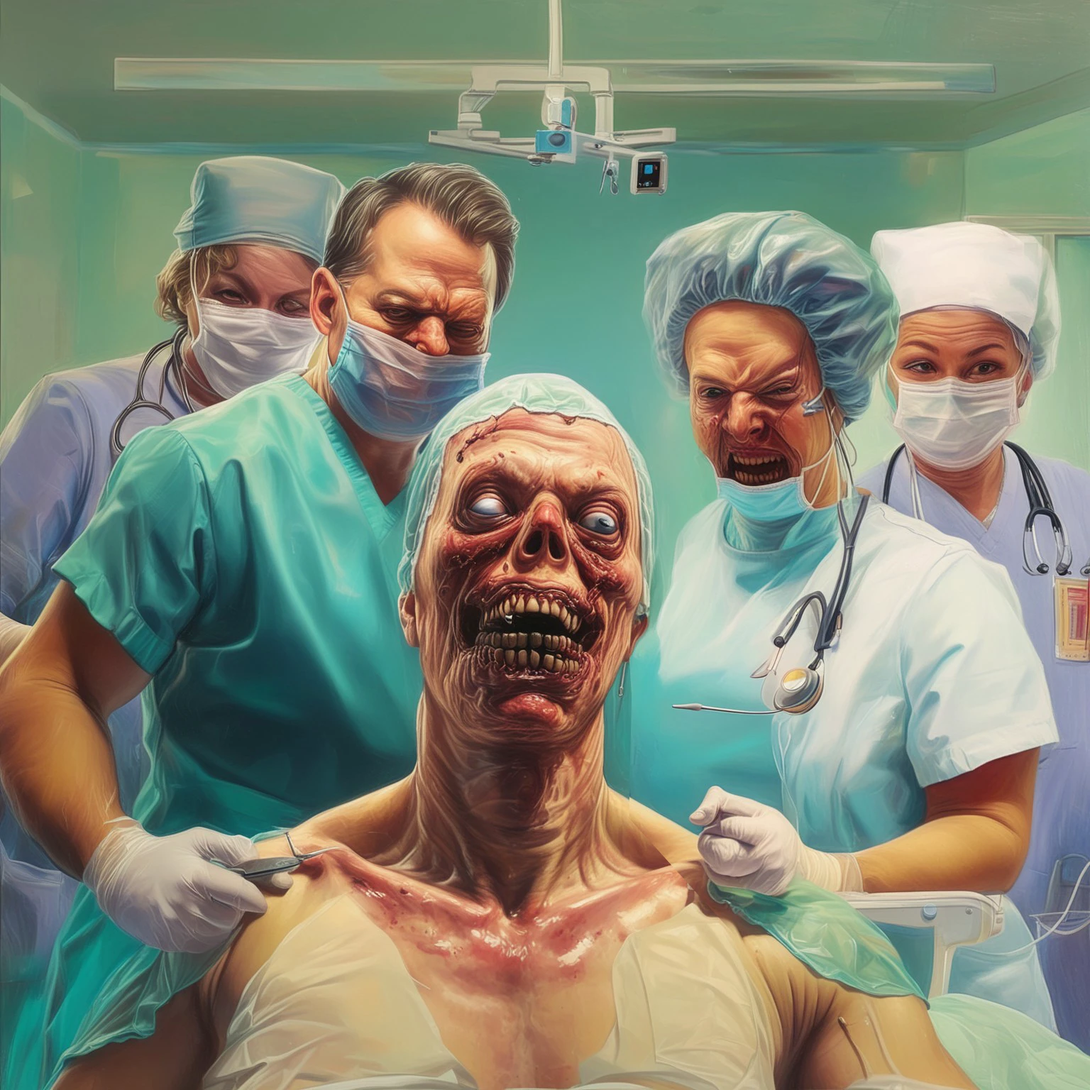 edrepkastyle, album cover, horror, painting, soft, highly detailed, exaggerated, doctor, operating theatre, face mask, scalpel, crazed eyes, surgery, waist up, operating room, silly, man on gurney, nurses, multiple characters