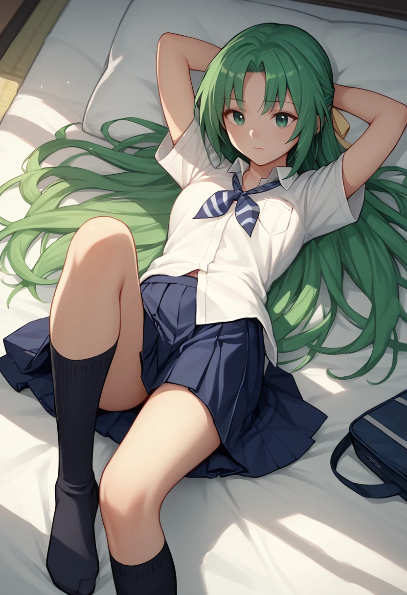 score_9, score_7_up, 1girl, solo, shi, green hair, long hair, green eyes, hair ribbon, white shirt, blue neckerchief, pleated skirt, short sleeves, black kneehighs, on back, arms behind head, <lora:Shion renew -000008:1>
