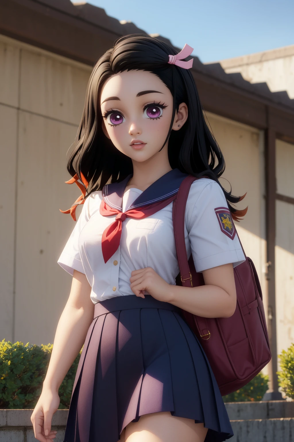 nezukob,1girl, black hair, purple eyes,white pupils, two-tone hair, school uniform, blue sailor colar,white shirt, red neckerchief, blue skirt,short sleeves,looking at viewer,outdoors,school,building,school bag,shoulder bag, pink hair ribbon, (Maya 3d render:1.05), (masterpiece:1.3), (hires, high resolution:1.3), subsurface scattering    <lora:nezuko_v1:1>