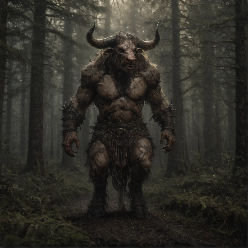 ((Minotaur)), (creature, monster, moody forest), (UHD, 8K, ultra detailed, looking at the camera, highly detailed, best quality, best aesthetic, high detail, amazing detail, masterful, work of a master, highly detailed background, shallow depth of field, photorealistic, RAW image, 
8k high resolution, ray tracing, realistic, dark, volumetric lighting), shoulder armor, loincloth,
