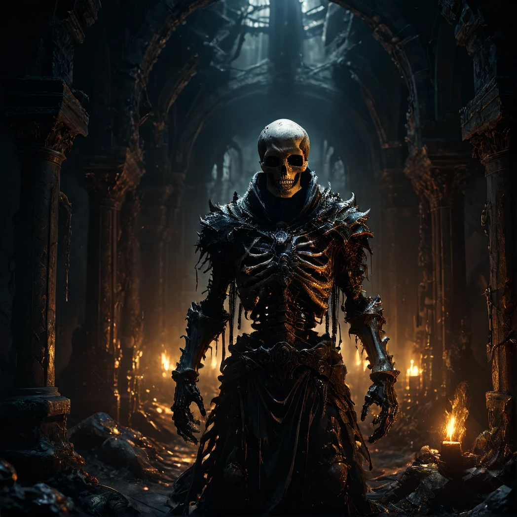 Skeleton, immense in stature, bones entwined with grisly adornments, eyes glowing menacingly from deep sockets, 
surrounded by the remnants of vanquished foes, eerie backlighting, chilling atmosphere, sinister focus, ultra realistic, volumetric shadows, dark, volumetric lighting, highly detailed background,High-Quality Artwork, ultra realistic, Wide angle Environmental,Unreal Engine,
 hdr, hyperdetailed, cinematic, dark shot, muted colors, RTX, full details,cinematic lighting,
best quality, ultra-detailed, high res, lighting, ray tracing, realistic, depth of field, High detail RAW color, 
 detailed, intricate,photorealistic, Unreal Engine, 
ultra realistic background, ultra realistic Environmental,
realistic, highly detailed, 
cinematic light, realistic, symmetrical, harsh lighting, 
cinematic lighting, contrast,hasselblad, hard light, 
gigapixel, 85mm, F/4, photorealistic,
intricate details, hdr, hyperdetailed, cinematic, dark shot, muted colors, RTX,
 cinematic film still, subsurface scattering, ray tracing, volumetric lighting, guts, badass,
High-Quality Artwork, ultra realistic, Wide angle Environmental, 
High-Quality Artwork, ultra realistic, 8k render,
 highly detailed, dark fantasy, cataclysmic, absurdres,
horror, sharp focus, highres, intricate detail,
highly detailed background, shallow depth of field, digital art style,  
photorealistic, RAW image, 
8k high resolution, RAW candid cinema, 16mm, color graded Portra 400 film, ultra realistic, 