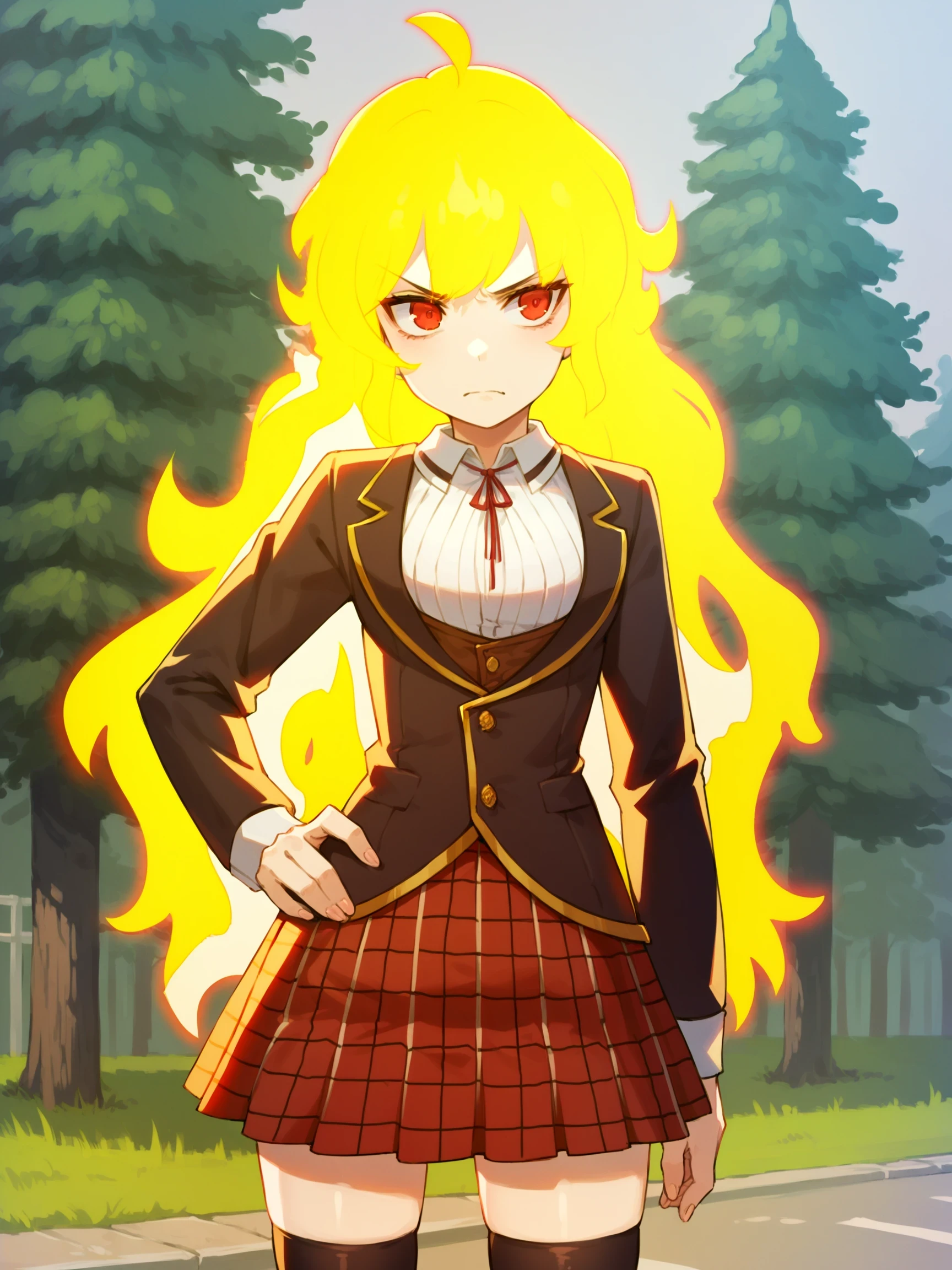 YangXiaoLong, 1girl, blonde hair, long hair, ahoge, purple eyes, Standing with one hand on the hip, backyard, trees, forest, annoyed,

score_9, score_8_up, score_7_up, source_anime, masterpiece, YangSchoolUniform, school uniform, thighhighs, plaid skirt, jacket, black legwear, Semblance, fiery hair, red eyes