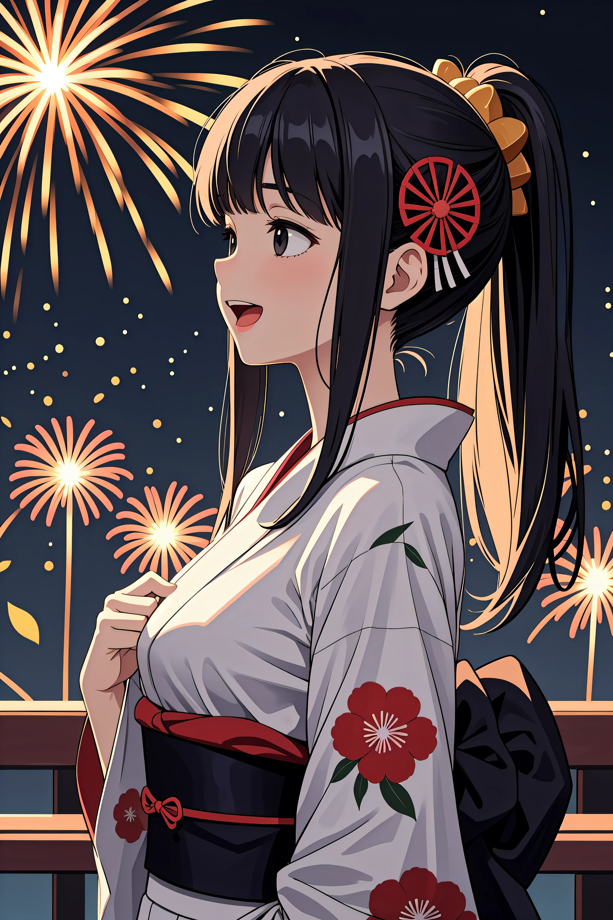 (masterpiece, best quality, absurdres), 1girl, solo, black hair, long hair, straight hair, blunt ends, high ponytail, blunt bangs, black eyes, medium breasts, toned, upper body, from side, profile, looking up, japanese clothes, yukata, floral print, hair ornament, obi, sash, night, summer festival, aerial fireworks, happy, open mouth, smile, hand on own chest