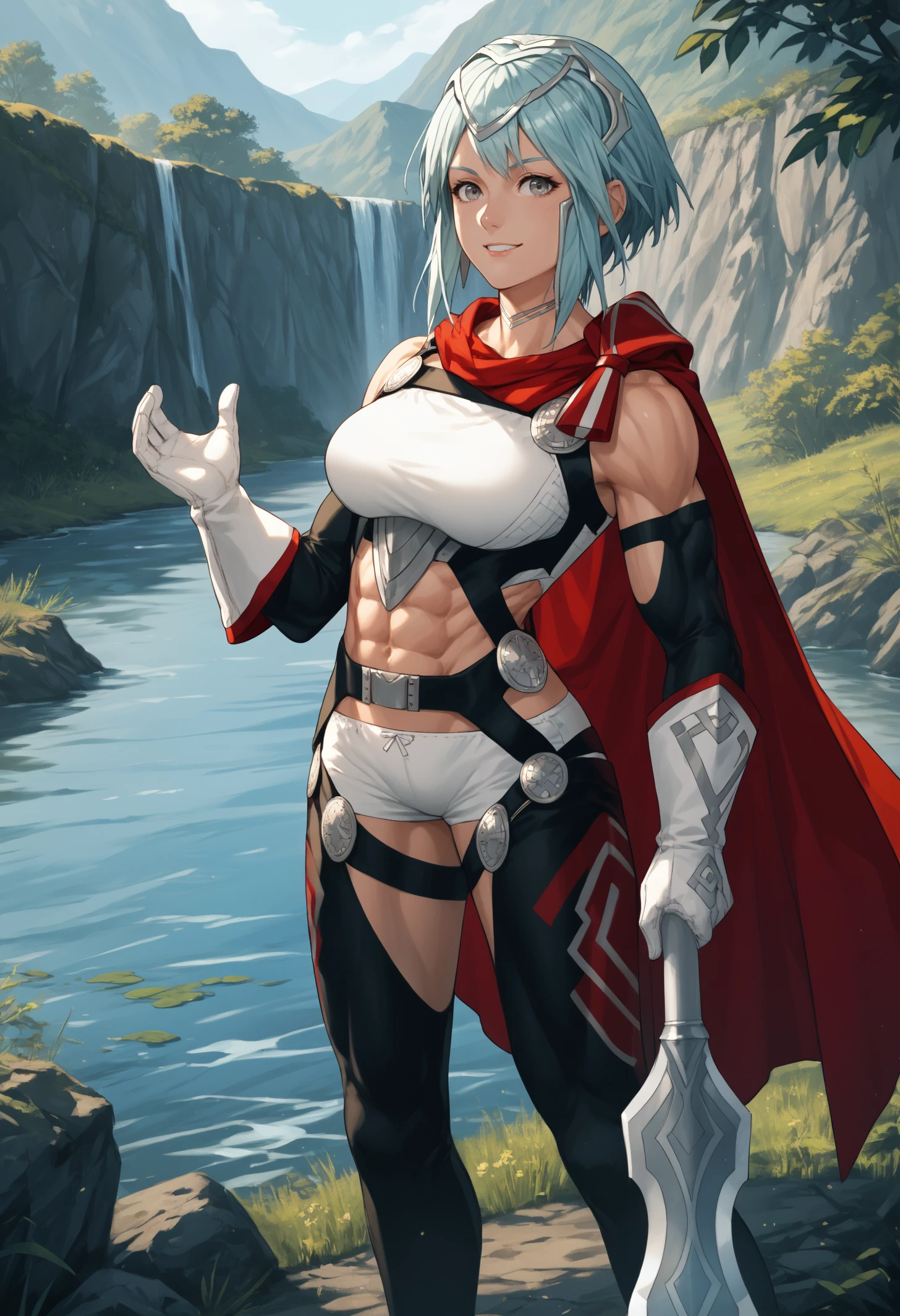 score_9, score_8_up, score_7_up, 1girl, DagrRND, grey eyes, aqua hair, short hair, large breasts, toned, biceps,
tiara, DagrO1, silver choker, armor, red cloak, bare shoulders, white top, arm strap, harness, black elbow gloves, midriff, navel, abs, white gloves, belt, white underwear, thigh strap, thigh cutout, black leggings, toeless legwear
looking at viewer, smile, holding axe, standing, hands up, weapon over shoulder,
outdoors, river,
<lora:FEDagrPDXL_V1-Manityro-CAME:1.0>,
