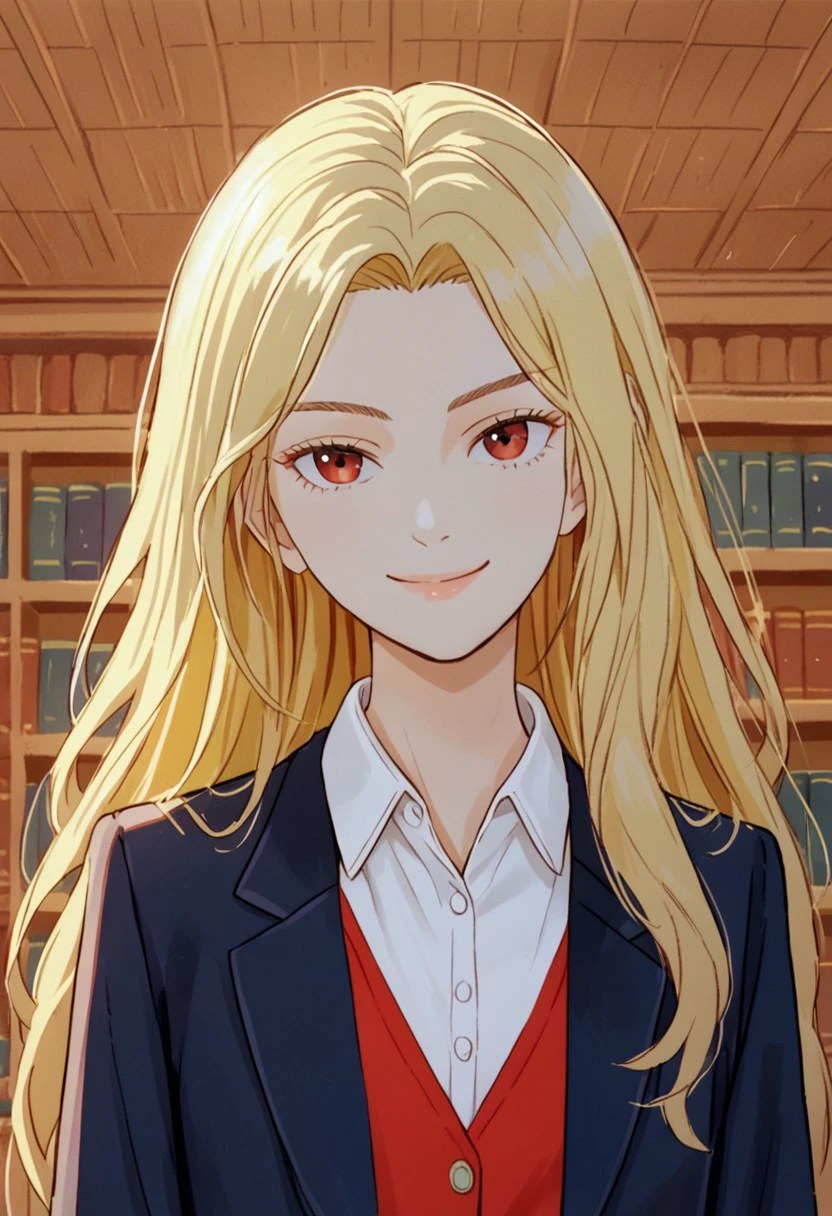 score 9, score 8, score 7, 1girl, solo, pmelm, blonde hair, long hair, upper body, navy blazer, red vest, white collared shirt, interior, library, looking at viewer, smile,