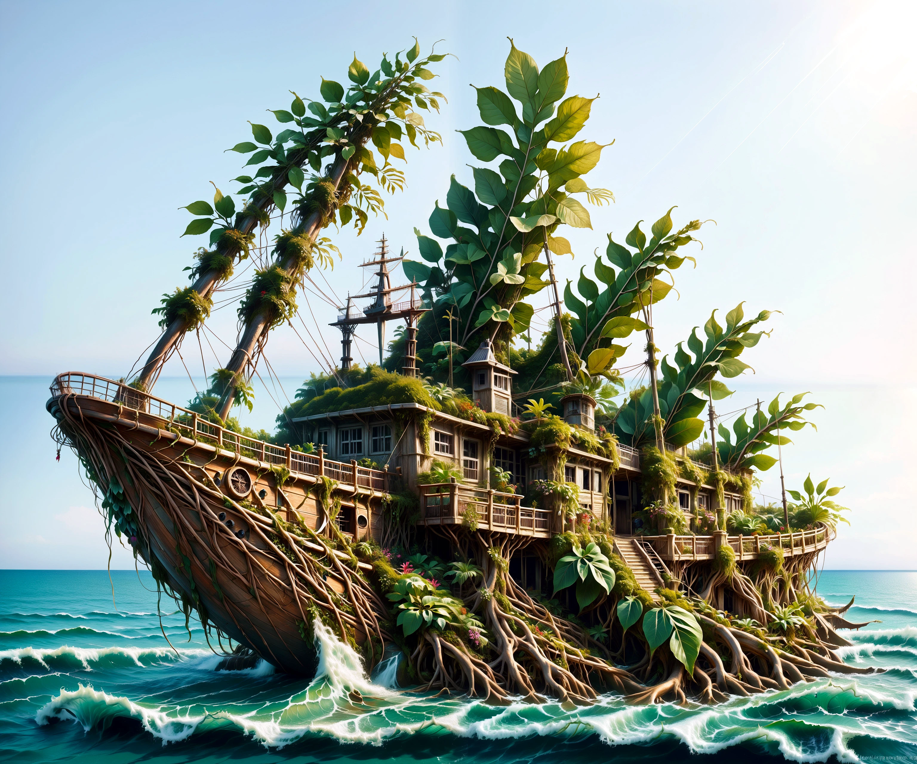 a realistic photo, (foliage-and-root:1.0), a (ship:1.0) entierly of foliage and root,

 unrays, on sea, waves,

high details, vibrant colors, sharp, 16k, filigree details,