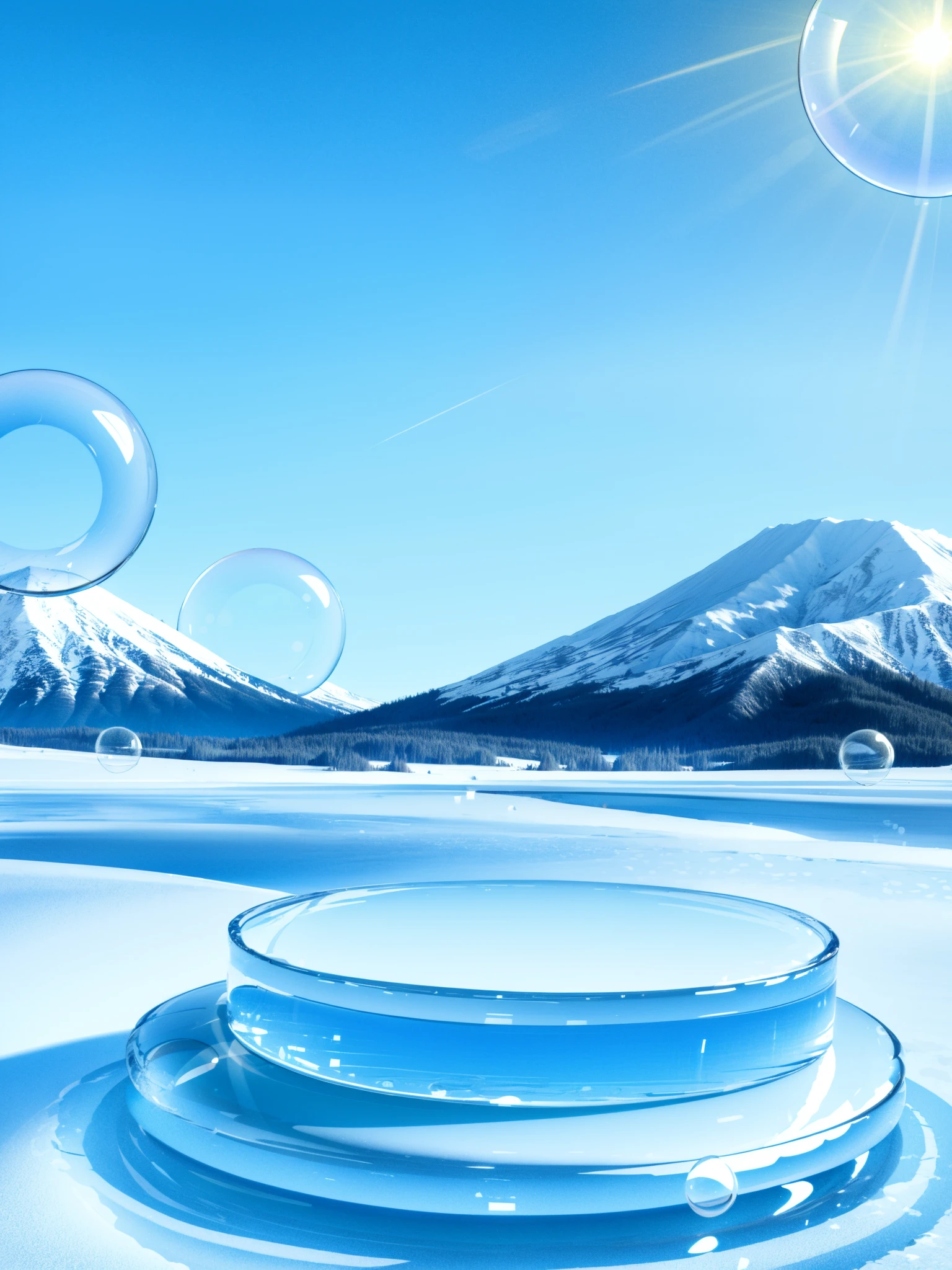 texture, HEZI, electronic mall scene, detail, rendering, no humans, cloud, sky, scenery, mountain, blue theme, reflection, water, day, sun, blue sky, bubble, outdoors, sunlight, lens flare, monochrome, still life, snow, cloudy sky,<lora:çµååºæ¯-000014:0.7>,