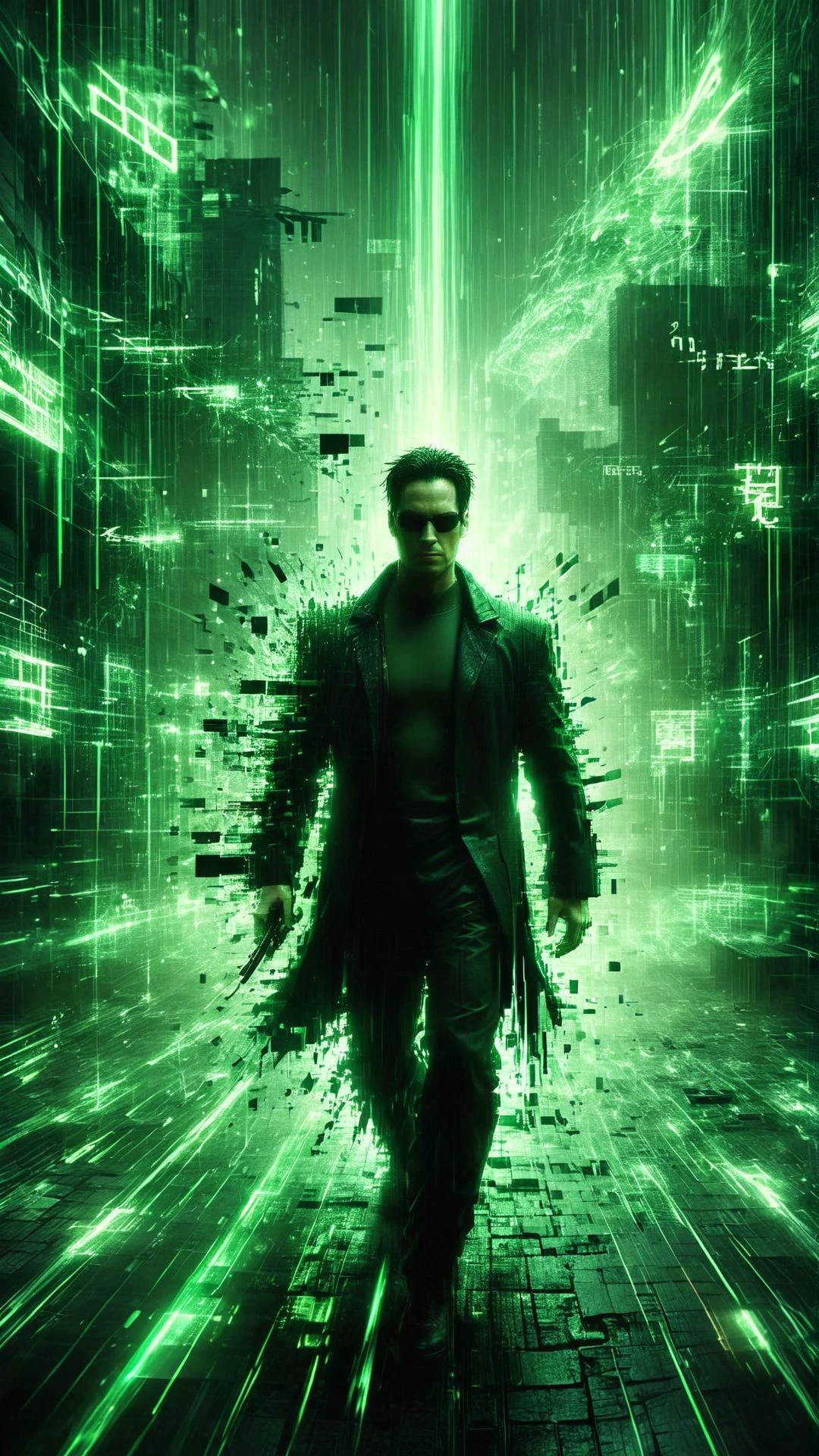 The Matrix poster with big (digital, cyber style text) ("The Matrix":1.5) In a futuristic, digital world, Neo stands in a fighting stance, with a cascade of green code falling in the background. Surrounding him are the iconic urban elements of the Matrix, including skyscrapers and dark alleyways. The scene is photographed from a dynamic angle, highlighting the realism of the digital effects and Neo's intense focus. The lighting emphasizes the contrast between the dark, shadowy environment and the glowing green code, creating a thrilling and otherworldly atmosphere. 
 <lora:aidmaGlitchStyle-v0.1:0.75> glitch, flickering, digital, glitching
 <lora:SDXLFaeTastic2400:0.35>
 <lora:aidma-Image Upgrader-v0.1:0.4>