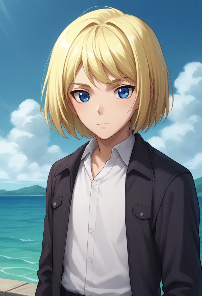 score_9, score_8_up, score_7_up, source_anime, highly detailed, 
shionkiba, blonde hair, solo, blue eyes, sky, cloud, 1boy, day, short hair, looking at viewer, shirt, water, jacket, white shirt, black jacket,
outdoor, sky,