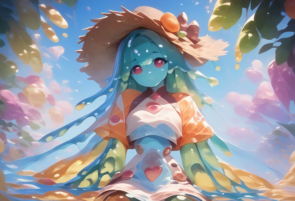 score_9, score_8_up, score_9_up, score_7_up, high quality, masterpiece, highly detailed, solo, (((colorful slime women))), medium breasts, exotic dress, Slime core, cute pose, happy expression, fruit trees, straw hat, viewed from a distance, colorful fruit