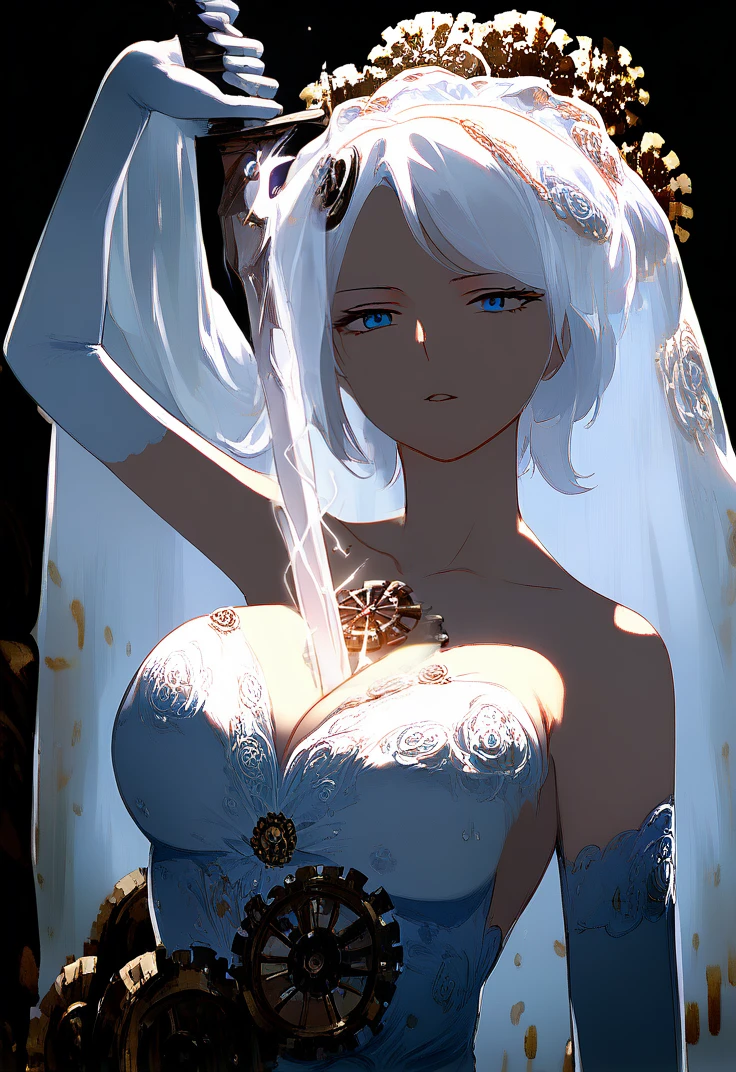 (score_9, score_8_up:1.1), score_7_up, masterpiece, perfect face, beautiful face, perfect hands, beautiful hands, <lora:Faust_Limbus:1>, FaustLimbus, FaustEverlasting, wedding dress, gears, 1girl, solo, breasts, looking at viewer, blue eyes, large breasts, gloves, dress, cleavage, collarbone, white hair, parted lips, elbow gloves, white gloves, white dress, veil, wedding dress, bridal veil, gears, serious face, upper body, portrait, <lora:HumanScabbardV2_XLPD:1>, human scabbard, holding, holding weapon, holding sword, electricity, (((sword)))