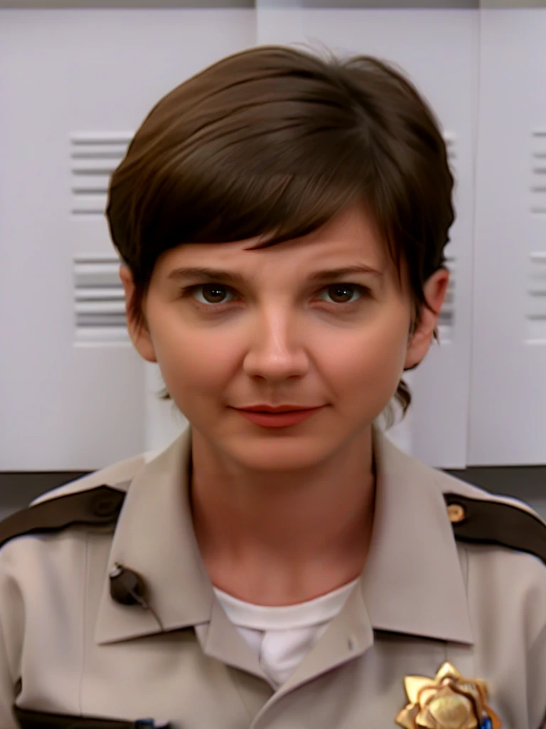 <lora:Trudy_Wiegel_-_Reno_911:1.2>trudy_wiegel, 1girl, frumpy, brown hair, short hair, solo, uniform, shirt, police uniform, police, standing, badge, portrait, face focus, (smile:0.3), from above, face only, collarbone, head turned, eyes looking at viewer, side eyes, source_cartoon, score_9, score_8_up, score_7_up,