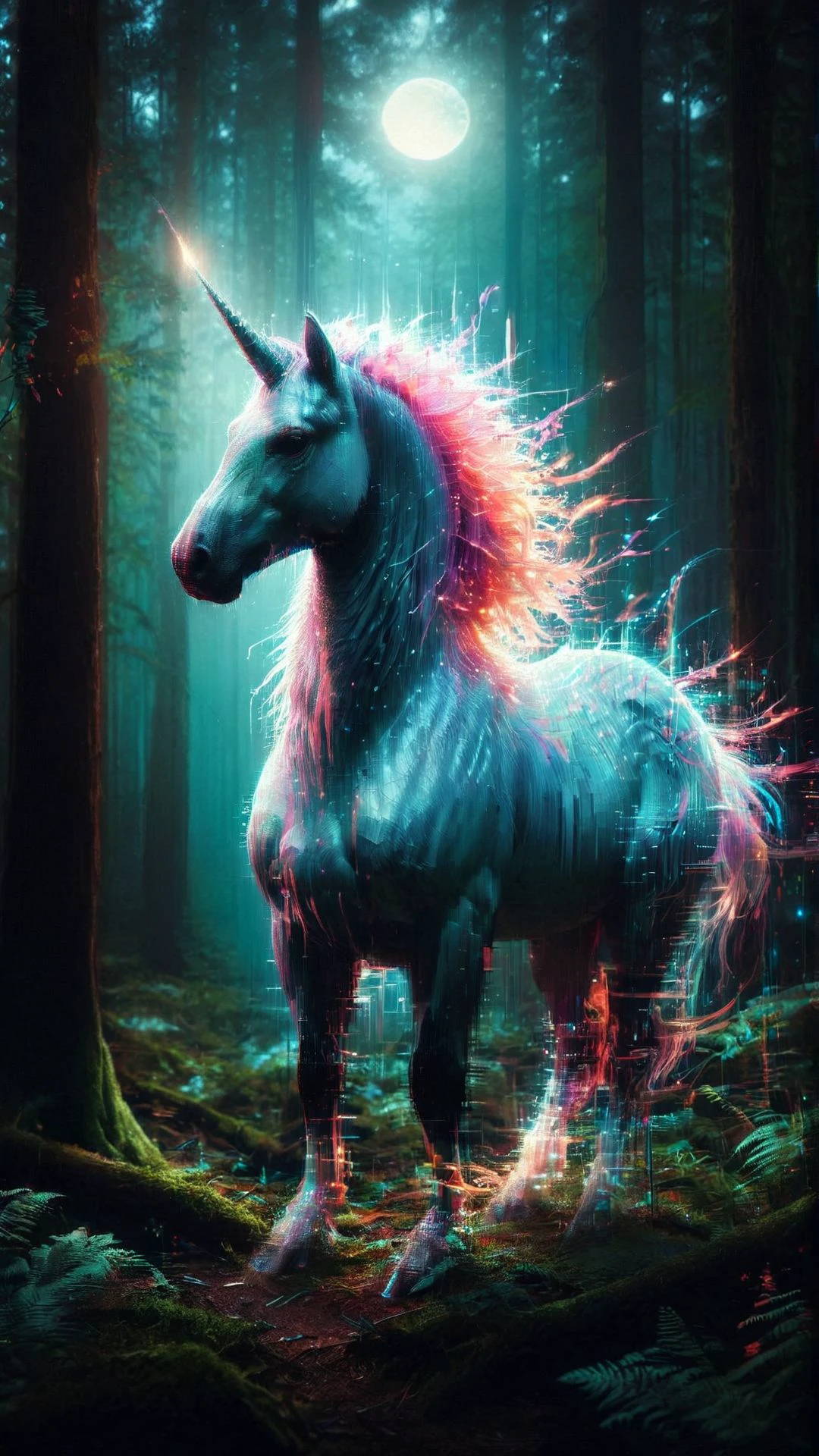 A fantasy illustration of a glowing unicorn in a moonlit forest, its mane and tail flowing with radiant energy. 
 <lora:aidmaGlitchStyle-v0.1:0.9> glitch,