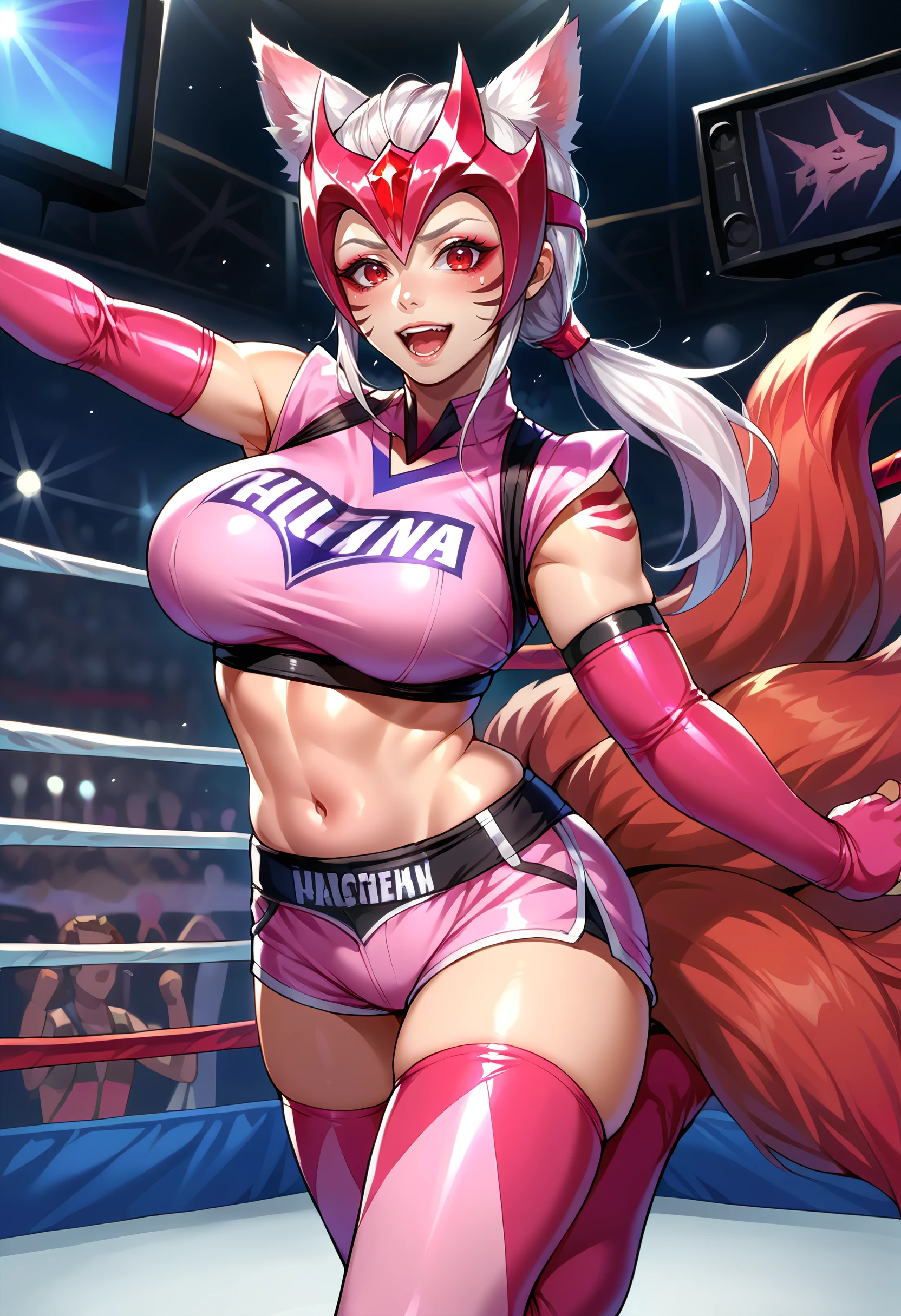 Outdoor, fighter, hot flame theme, (masterpiece, , 4K, Best Quality, Anime style: 1.9,, Adult Woman, ultra detailed face, (cloud background, wrestling), Drawing lines, high resolution, Anime, lacus4), 1girl, Solo, curvy figure, very Long hair, 鎖骨, scapular, (Detailed wide hair bangs, Hair Ornament, Detailed reddish-pink hair, golden crest), cleavage, large hands, (female wrestler). (Big blue eyes, shiny eyes), ((female wrestler, little biceps, slender body, broad shoulders, closed fists)), ((perfect proportions, medium breasts, long belly)), (((red micro bikini, red wrestling gear, champion))), happy, smile, , (belly dancing, looking at the viewer), , showing off underarm, (elegant lady)