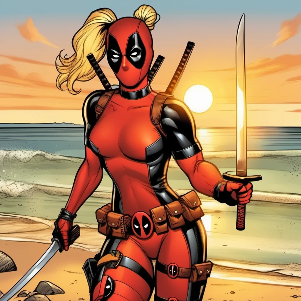 comic full body portrait lady deadpool, ponytail, blond hair, body suit, holds swords on the beach, sunset <lora:LDP1024:0.8> . graphic illustration, comic art, graphic novel art, vibrant, highly detailed