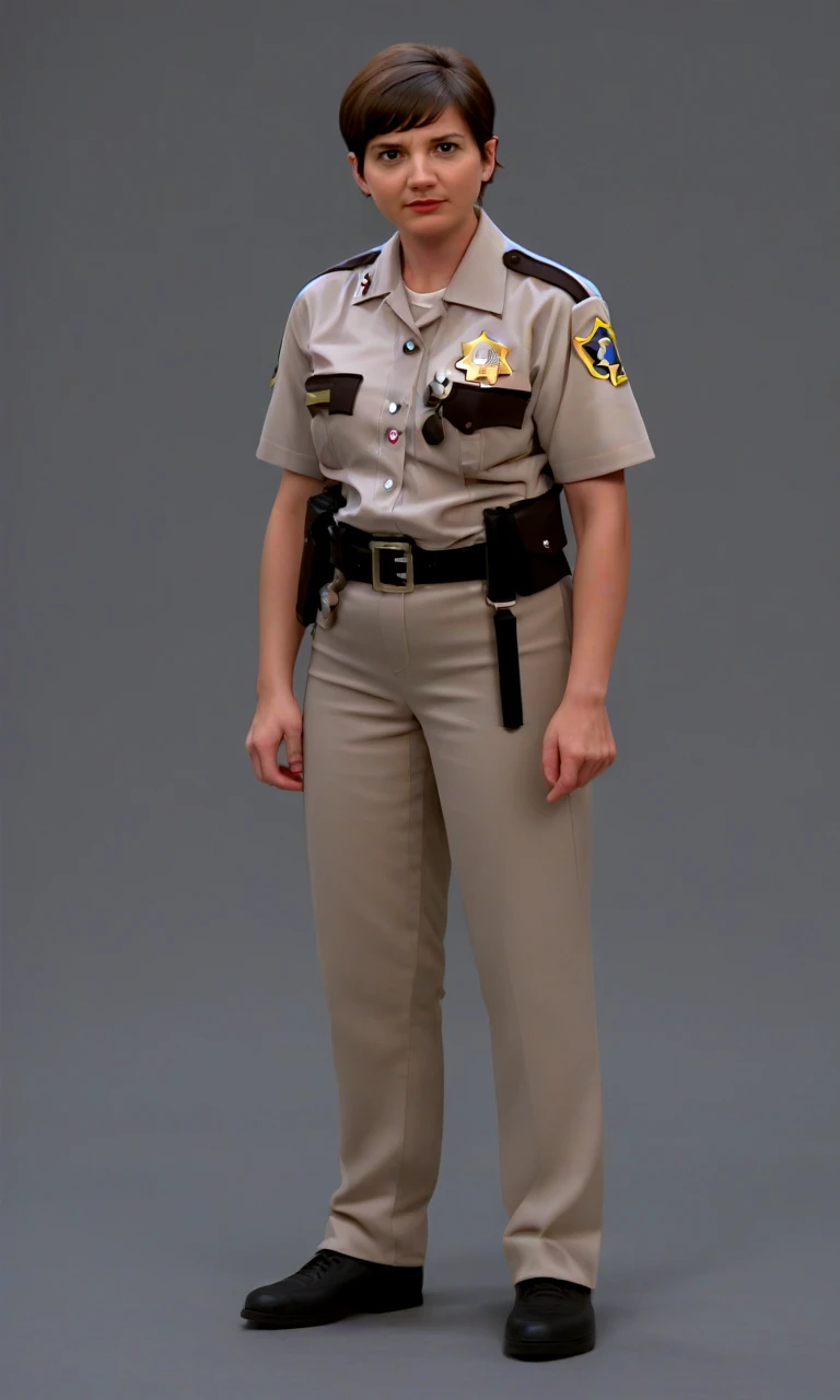 <lora:Trudy_Wiegel_-_Reno_911:1.0>trudy_wiegel, 1girl, frumpy, brown hair, short hair, solo, uniform, shirt, police uniform, police, standing, badge, full body,, source_cartoon, score_9, score_8_up, score_7_up,