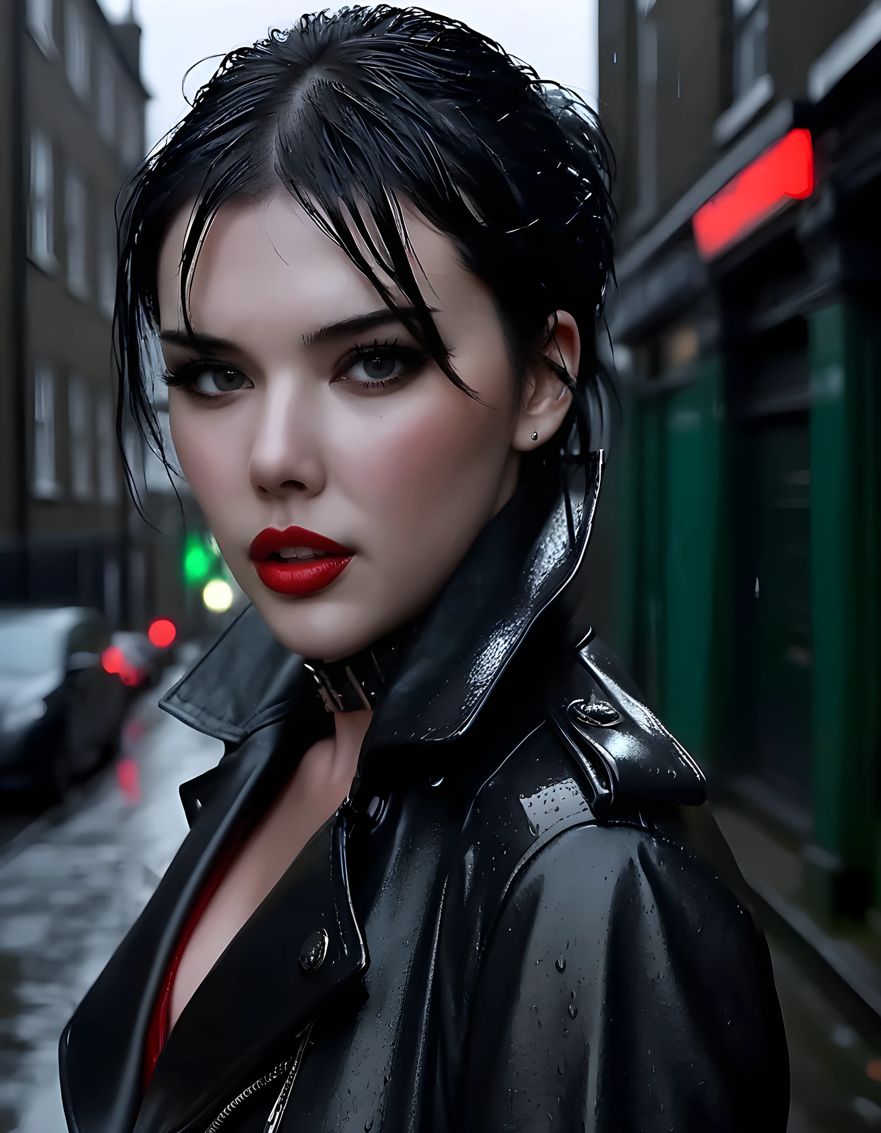 In a noir-inspired, rain-drenched London alleyway at dusk, the captivating 53R3N483LL3, clad in a sleek, black leather trench coat with a striking red lining that glistens under the dim streetlights, stands with a confident poise. Her piercing green eyes and bold, red lips are accentuated by her signature black choker adorned with intricate silver spikes. A single strand of her jet-black hair falls across one eye, framing her sharp features. The English text \\\"53R3N483LL3\\\" is subtly etched onto the barrel of a vintage nickel-plated revolver she holds in a menacing yet alluring manner, her teeth clenching the trigger guard as she locks eyes with the viewer, creating an electric tension that permeates the damp, smoky atmosphere.