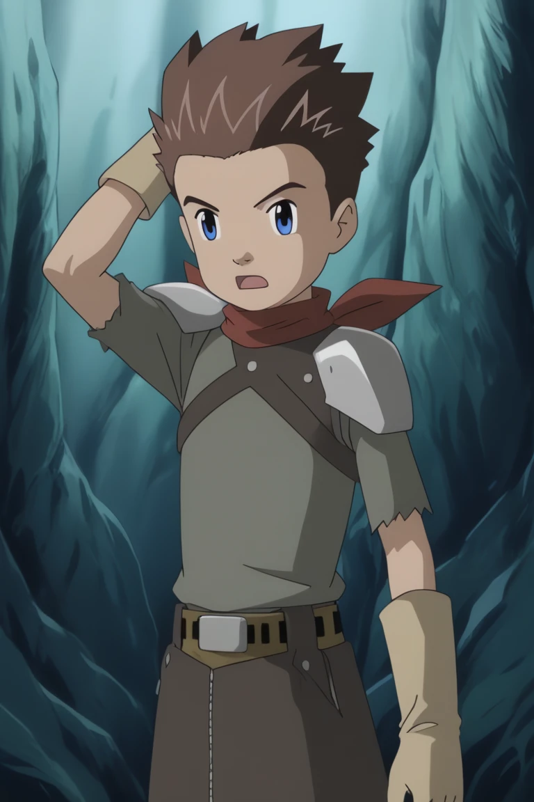 score_9, score_8_up, score_7_up, score_6_up, detailed, intricate details, highres, absurdres ,source_anime, cowboy shot, ryo akiyama, brown hair, blue eyes, grey shirt, red neckerchief, shoulder armor, torn shirt, 1boy, male focus, solo, cave, gloves, open mouth, shirt, arm up, belt, spiked hair<lora:EMS-421334-EMS:1.000000>