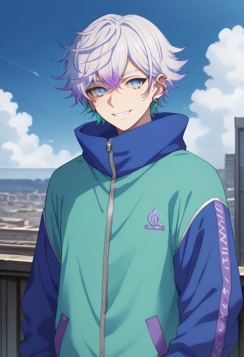 score_9, score_8_up, score_7_up, source_anime, highly detailed, 
Nayuta, 
1boy, male focus, solo, multicolored hair, blue eyes, jacket, looking at viewer,
purple hair, jewelry, ear piercing, earrings, piercing, white hair, smile, sky,
multicolored jacket,
virtual space,