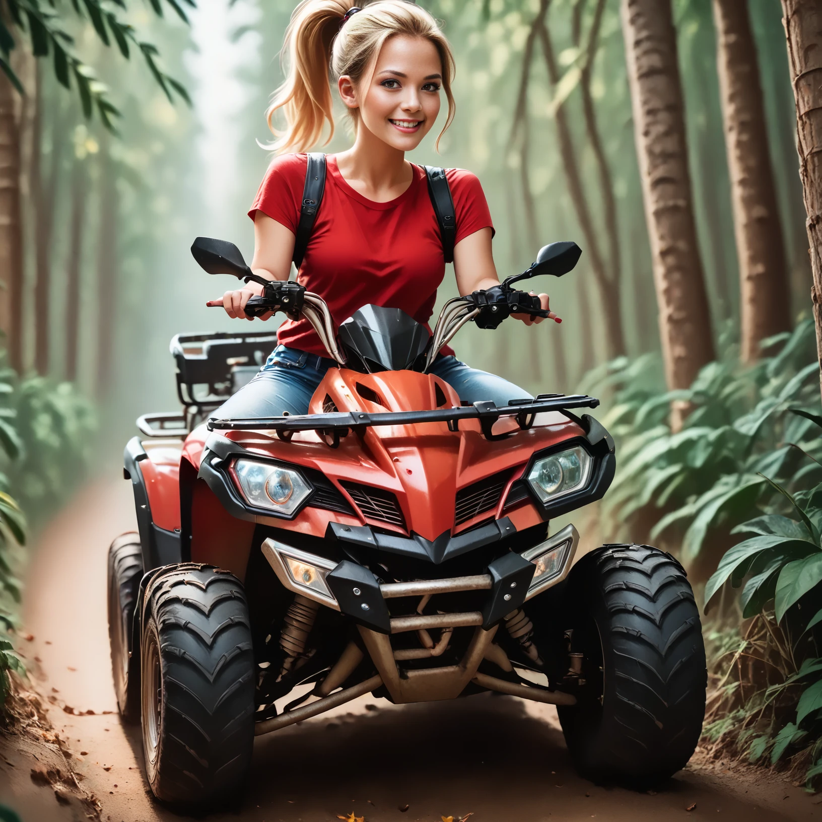 score_9, score_8_up, score_7_up, riqua (front view) , (slim 25yo female) riding a quad. red shirt and jeans shorts, sneakers , short blonde ponytail  <lora:RideQuadPony:1>