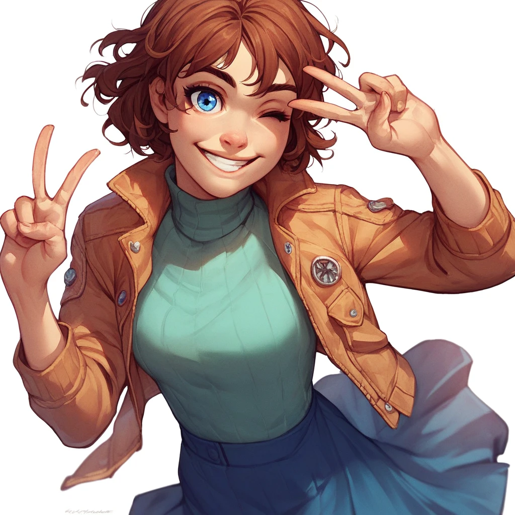 score_9, score_8_up, score_7_up, score_6_up, score_5_up, score_4_up, Irma-Lair, W.I.T.C.H.,  1girl, solo, looking at viewer, smile, short hair, blue eyes, skirt, brown hair, turtleneck, jacket, skirt with leggings, boots, peace, winking at viewer