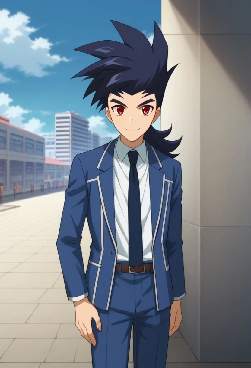 score_9, score_8_up, score_7_up, source_anime, highly detailed, 
kamui, 1boy, solo, male focus, necktie, spiked hair, ponytail, upper body, school uniform, red eyes, standing, pants, blue pants, blue hair, smile, jacket,
blue jacket, open clothes, looking at viewer, blue hair, open jacket, belt,
shirt, white shirt,
outdoor, sky,