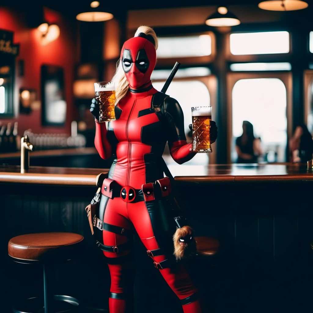 cinematic photo full body portrait lady deadpool, blond hair, ponytail, mask, body suit, having a beer in a pub<lora:LDP1024:0.8> . 35mm photograph, film, bokeh, professional, 4k, highly detailed