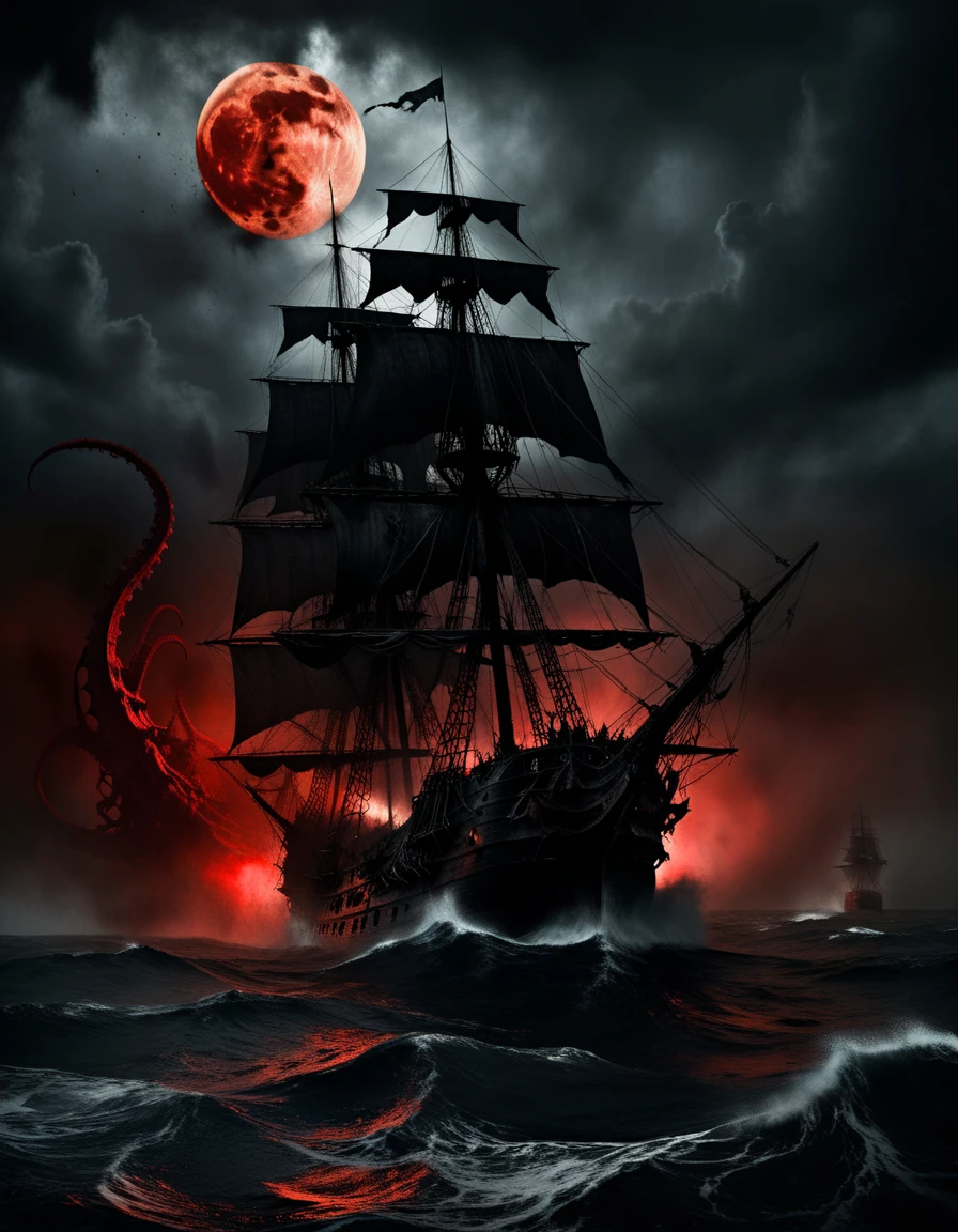 macabre style Midnight, churning black seas, a weathered galleon with tattered sails bursts from shadowy depths, its hull silhouetted against a blood-red moon, sails billowing full of wind, a colossal kraken rises from the depths, tentacles thrashing, snapping jaws dripping with bioluminescent venom, style of Frank Frazetta, waves crashing against the ship, ominous foreboding atmosphere. . dark, gothic, grim, haunting, highly detailed
