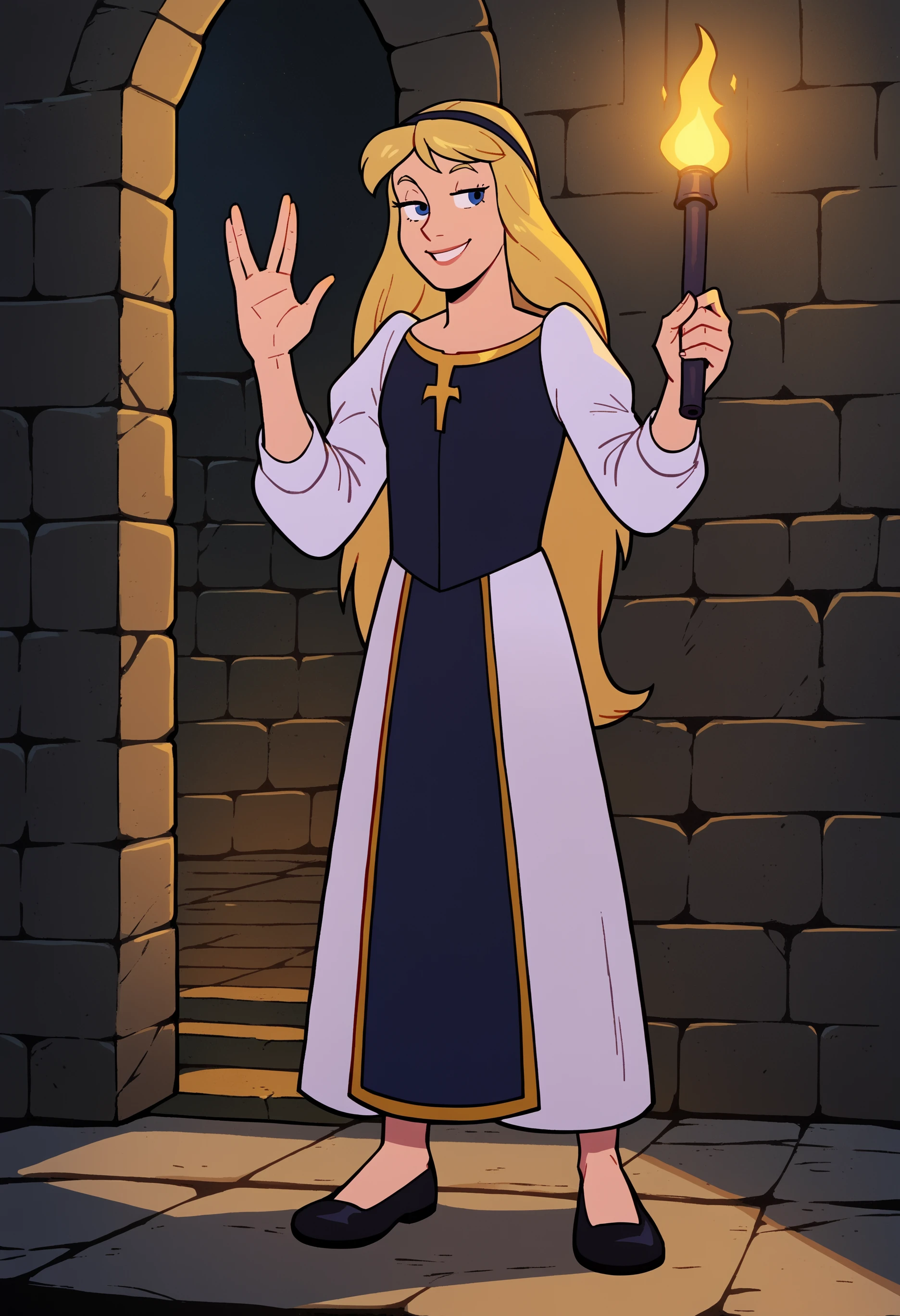 score_9, score_8_up, score_7_up, Princess Eilonwy, blonde hair, blue eyes, black hair band, long hair, black shoes, smile, half-lidded eyes, <lora:Princess Eilonwy (Pony V6 XL)> in a dungeon,scenery,torch, vulcansalute hand gesture<lora:VulcansalutePonyV1-000035>