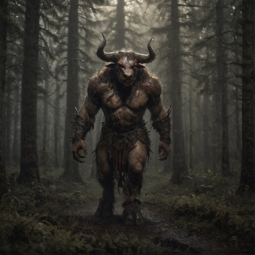 ((Minotaur)), (creature, monster, moody forest), (UHD, 8K, ultra detailed, looking at the camera, highly detailed, best quality, best aesthetic, high detail, amazing detail, masterful, work of a master, highly detailed background, shallow depth of field, photorealistic, RAW image, 
8k high resolution, ray tracing, realistic, mid day, volumetric lighting), shoulder armor, loincloth,
