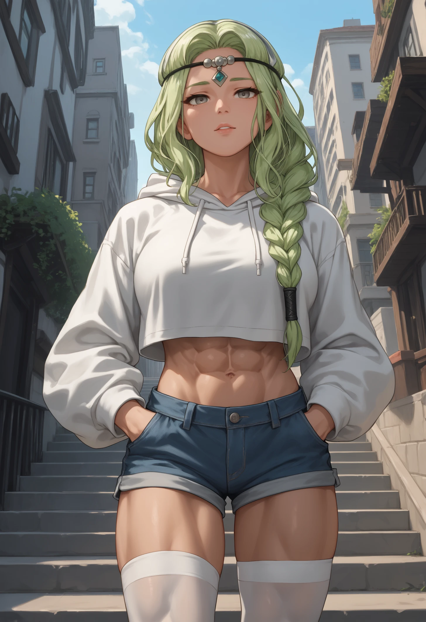 score_9, score_8_up, score_7_up, 1girl, FENottRND, grey eyes, green hair, long hair, single braid, large breasts, toned, 
grey circlet, white hoodie, baggy hoodie, cropped hoodie, midriff, denim shorts, white thighhighs,
looking at viewer, abs, bedroom eyes, parted lips, hands in pockets, 
outdoors, city, stairs, 
<lora:FENottPDXL_V1-Manityro-CAME:1.0>,